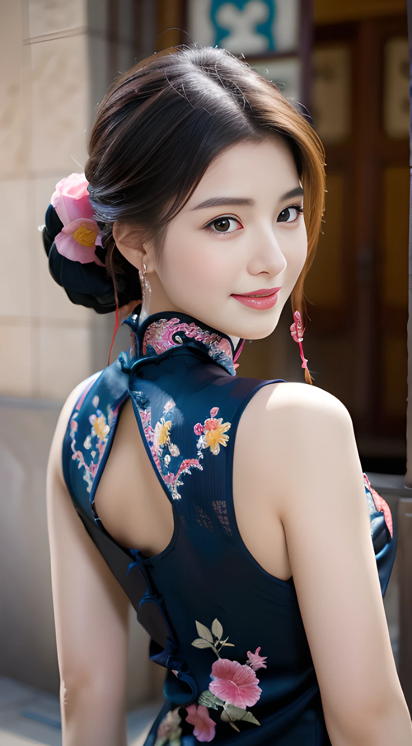 ulzzang -6500-v1.1, (Raw foto:1.2), (Photorealsitic:1.4), Delicate beautiful girl，The sparkling eyes have a very nice atmosphere.........，18year old, Attractive eyes and moist lips，cabelos preto e longos，（ssmile：1.3），Detailed depiction of the face，Formula details，Detailed depiction of facial features Star Masterpiece Fine Detail，Describe your role in detail，Detailed depiction of hair，Carefully drawn ，My body is bumpy，Detailed depiction of the hand，Clothes drawn in detail，Detailed depiction of the face，face perfect，Detailed depiction of hands drawn in the military，4fingers and 1thumb：1.3），orthofacial，choker necklace，lipsticks，eardrop，，Photo of three-quarters，Works of masters，Infinitely close to reality，（Upper body photo：1.3），Highest image quality，best qualtiy，infinite details，8K分辨率，(((Beautiful patterned embroidered cheongsam 1.3)))，((dark blue qipao)))，（Ancient courtyard scene：1.3）,Smile, Constriction of the lower back, sexy  pose,Bold poses,full body Esbian