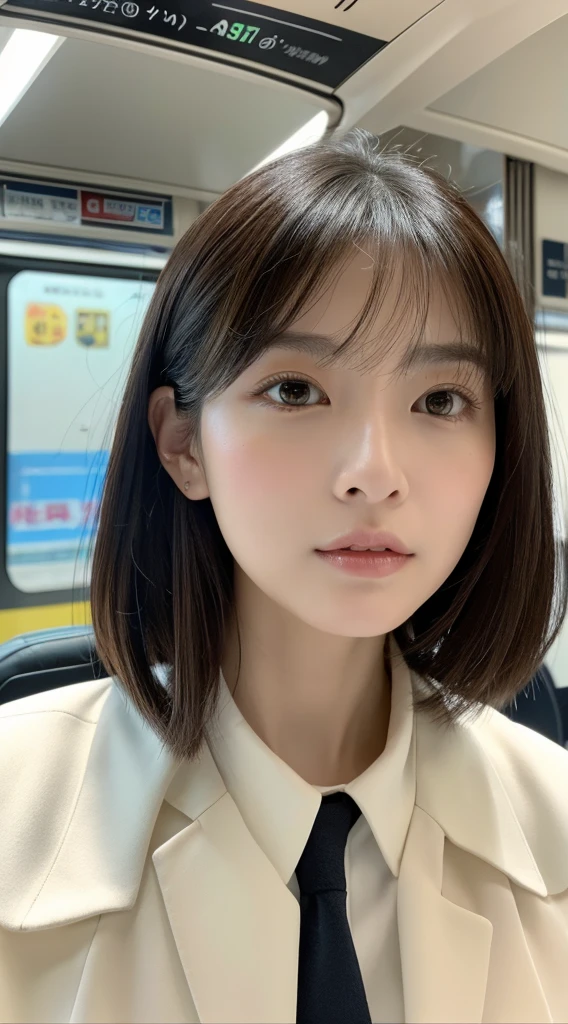 Top image quality、masterpiece、Beautuful Women、japanes、25-years old、On the train、(masuter piece:1.3)、(in 8K、Photorealsitic、Raw photography、top-quality:1.4)、(1girl in)、美丽的面容、(Lifelike face)、(A dark-haired、realistic eyes beautiful details、(real looking skin)、white collar coat、absurderes、enticing、ultra res、A hyper-realistic、high detal、the golden ratio、Straight face、dual、long、Loose perm、Beautiful Japan Woman