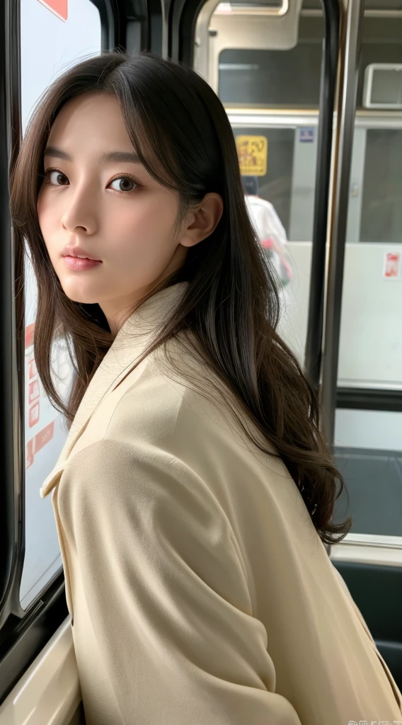 Top image quality、​masterpiece、Beautuful Women、japanes、25-years old、On the train、（masuter piece：1.3）、（in 8K、Photorealsitic、Raw photography、top-quality：1.4）、（1girl in）、美丽的面容、（Lifelike face）、（A dark-haired、realistic eyes beautiful details、（real looking skin）、white collar coat、absurderes、enticing、ultra res、A hyper-realistic、high detal、the golden ratio、Straight face、dual、long、Loose perm、Beautiful Japan Woman