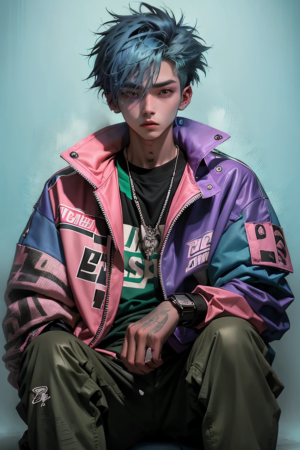 kpop young boy with fade cut blue skin and green hair with signature green skiing goggles in top hair with a pink lenses, blue eyes, open purple jacket with dark blue shirts ,wears a brown leather jacket with a white and dark-brown spotted fur collar, green pants that go down to his knees , casino background, popstar, He has a normal Putt Putt Troll, bossy big brother", as being the leader of the group