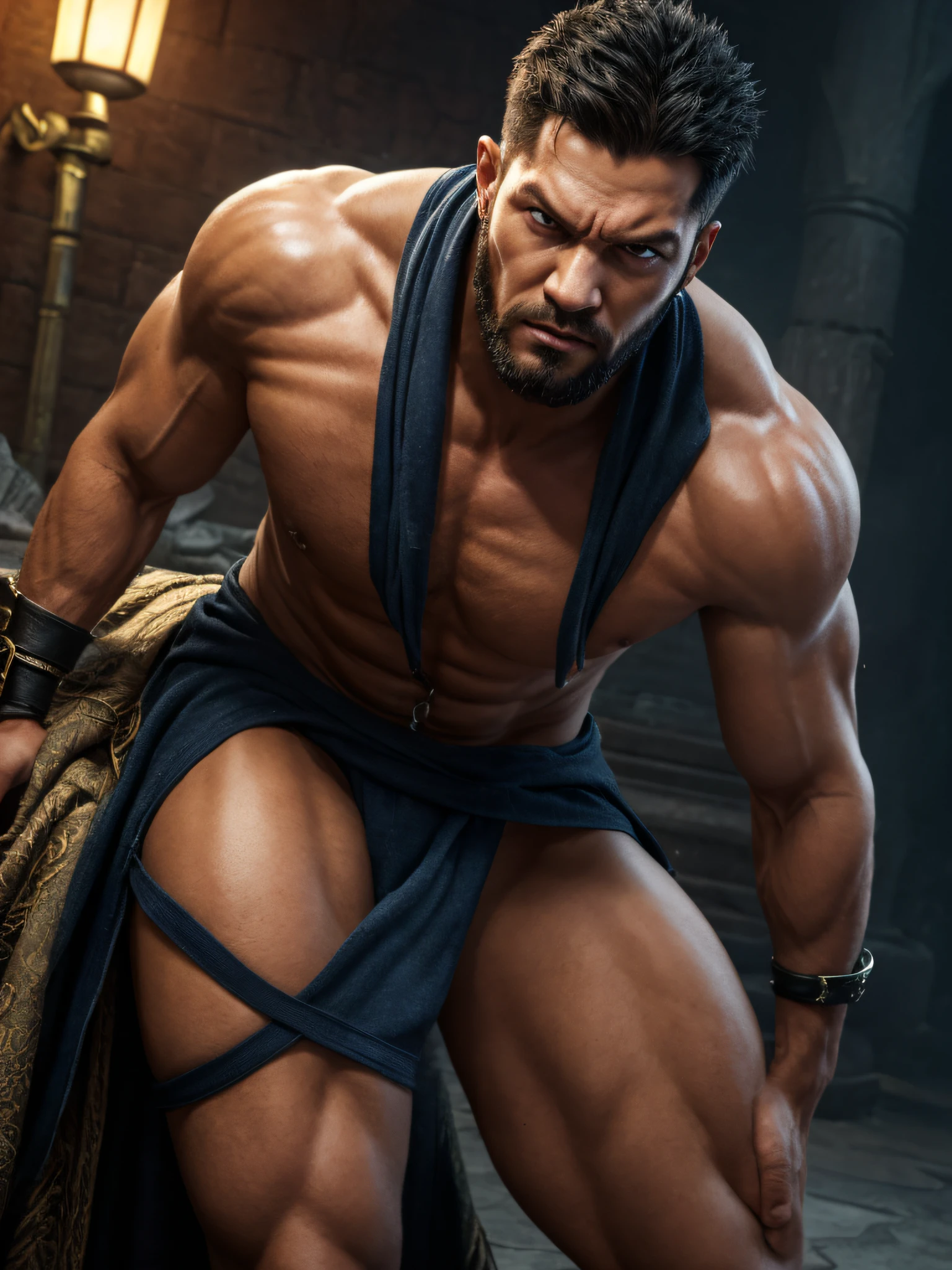 Kano from Mortal Kombat, photorealistic, menacing pose and expression, detailed face, best quality, high resolution