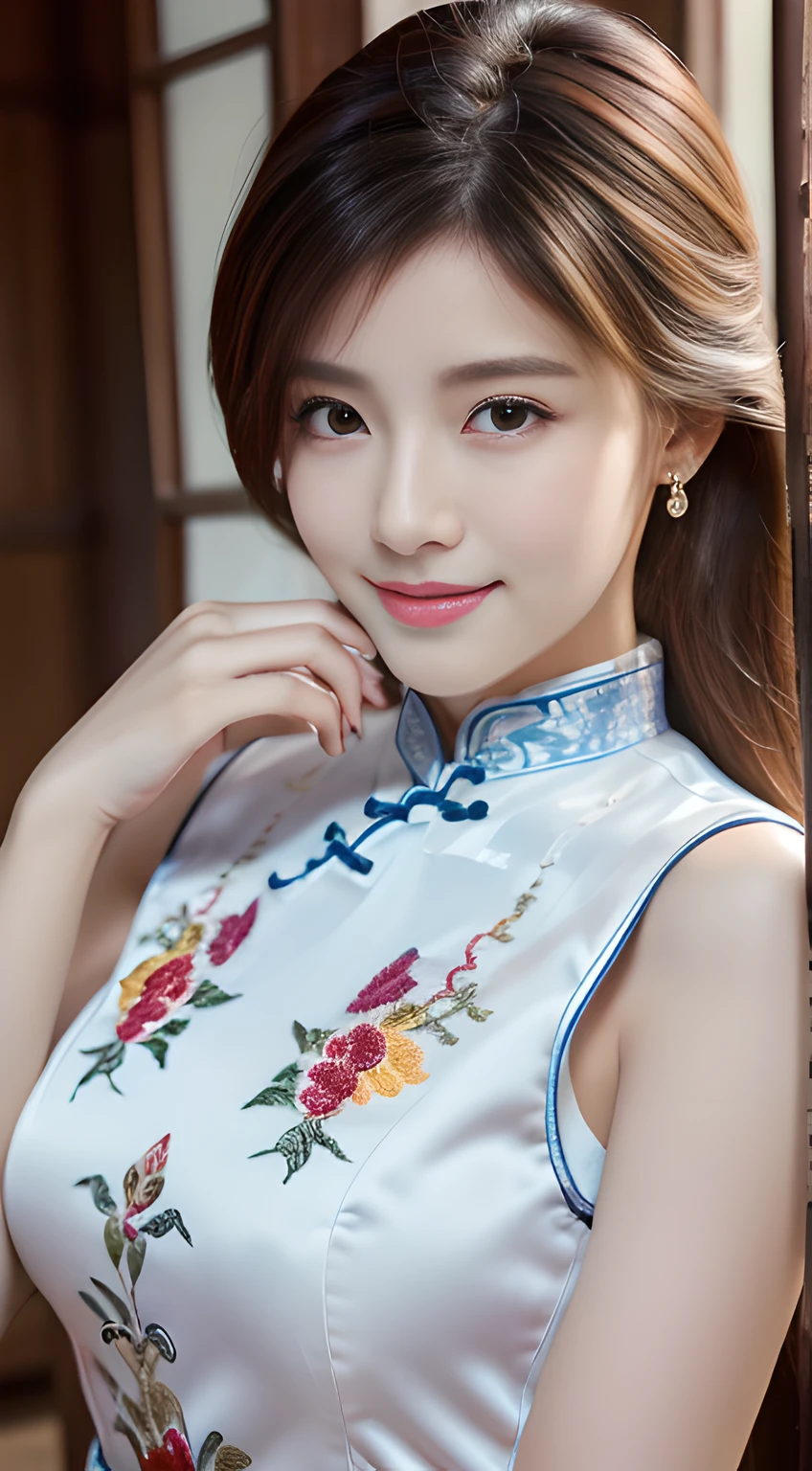 ulzzang -6500-v1.1, (Raw foto:1.2), (Photorealsitic:1.4), Delicate beautiful girl，The sparkling eyes have a very nice atmosphere..........，18year old, Attractive eyes and moist lips，cabelos preto e longos，（ssmile：1.3），Detailed depiction of the face，Formula details，Detailed depiction of facial features Star Masterpiece Fine Detail，Describe your role in detail，Detailed depiction of hair，Carefully drawn ，My body is bumpy，Detailed depiction of the hand，Clothes drawn in detail，Detailed depiction of the face，face perfect，Detailed depiction of hands drawn in the military，4fingers and 1thumb：1.3），orthofacial，choker necklace，lipsticks，eardrop，，Photo of three-quarters，Works of masters，Infinitely close to reality，（Upper body photo：1.3），Highest image quality，best qualtiy，infinite details，8K分辨率，(((Beautiful patterned embroidered cheongsam 1.3)))，((White cheongsam)))，（Ancient courtyard scene：1.3）,Smile, Constriction of the lower back, sexy  pose,Bold poses