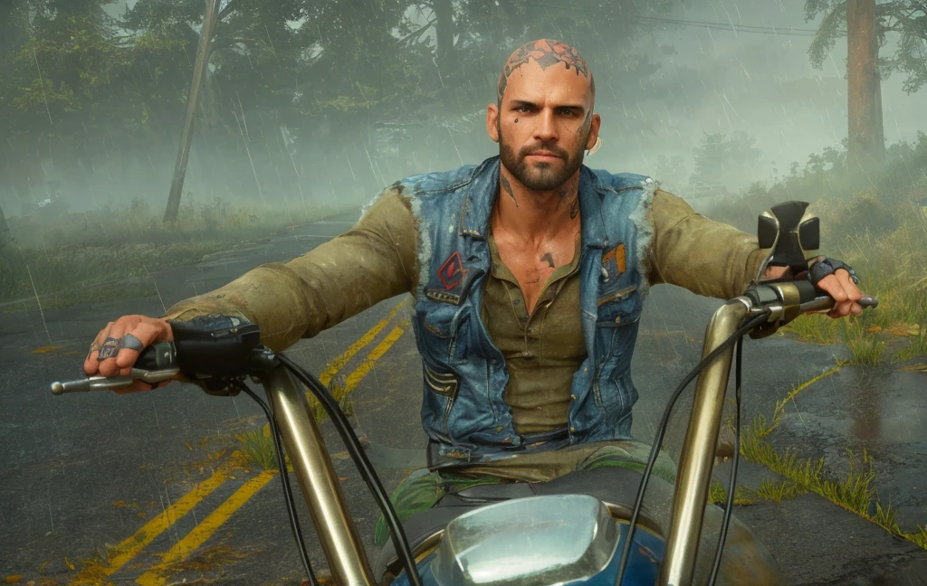 a man riding a motorcycle in the rain, rainy day, biker, days gone, 2020 video game screenshot, picture of a male biker, sitting on a motorcycle, bald with black tatoos on head, rings in fingers, serious face, grunting facial expressions, highly detailed face, light beard, jim pirri face