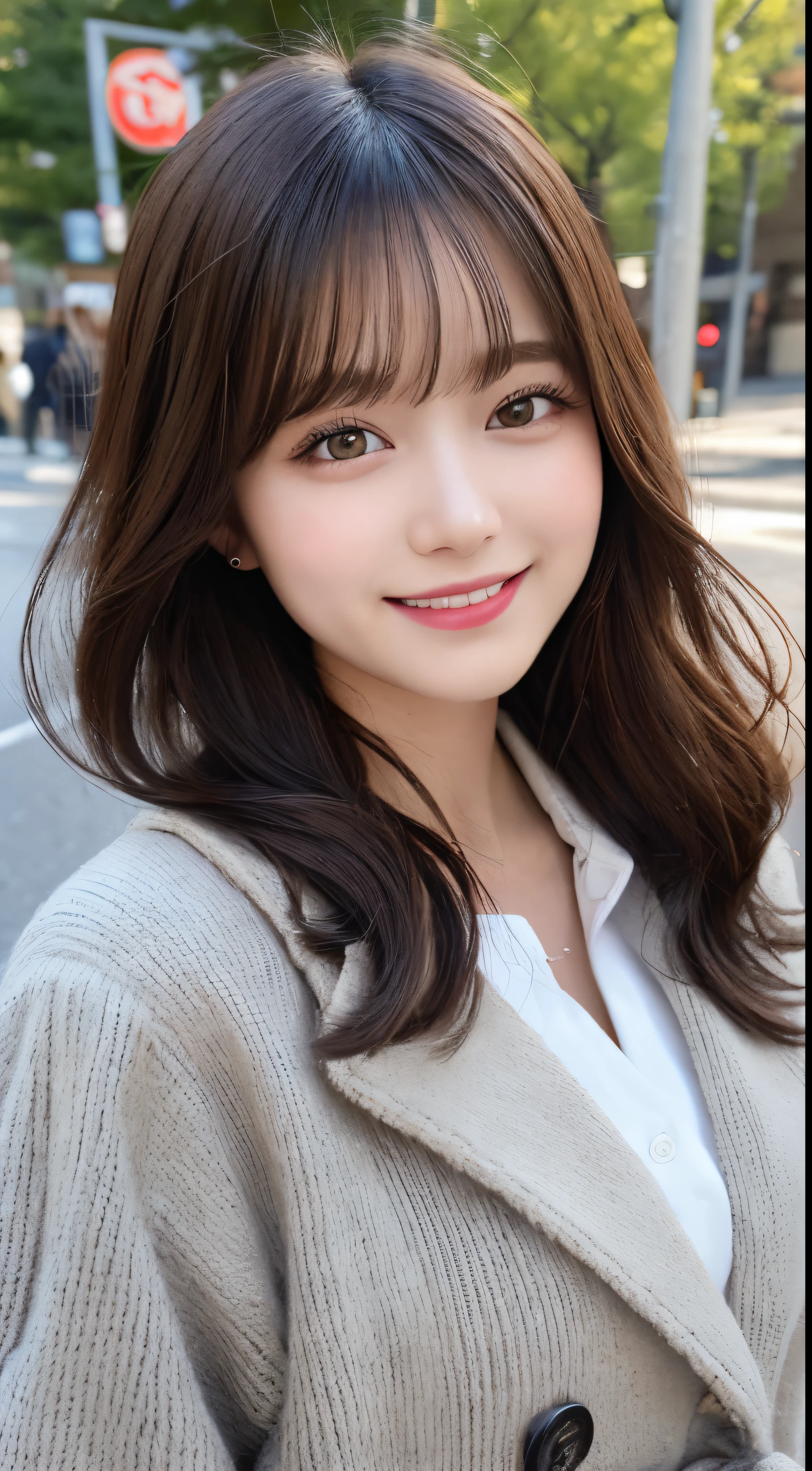 masutepiece, Best Quality, Illustration, Ultra-detailed, finely detail, hight resolution, 8K Wallpaper, Perfect dynamic composition, Beautiful detailed eyes, fluffy winter clothes(trench coat),Bob Hair,mid-chest, Natural Color Lip,Smile,Harajuku、20 years girl、Cute、is looking at the camera