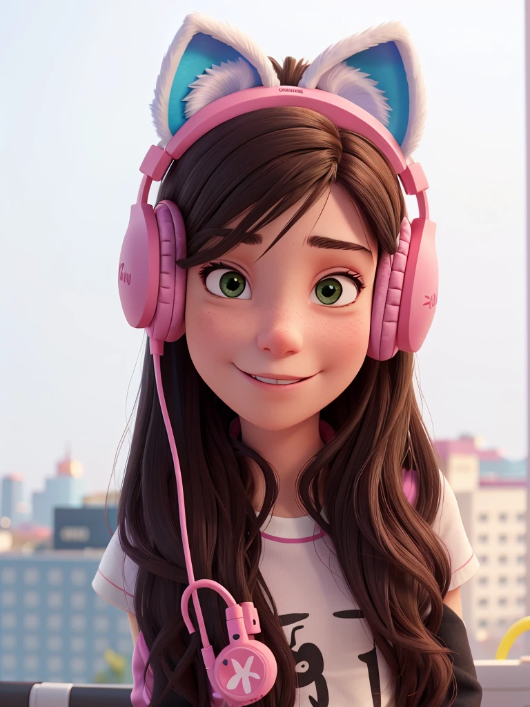 white girl using pink headphones with fox ears