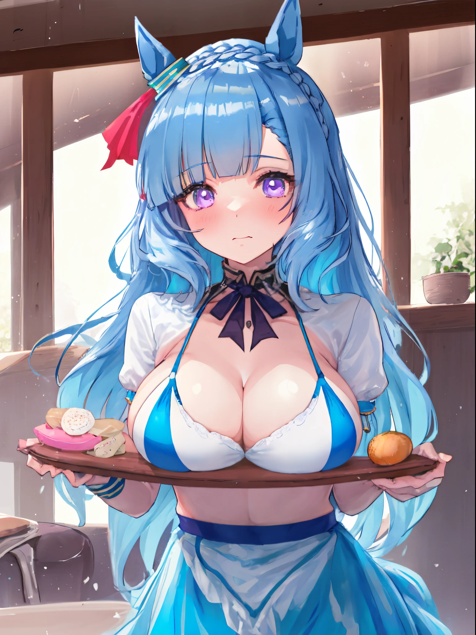 (Best Quality, 16 K, ultra-detailliert, Photorealistic, Beautiful skin, Professional light naughty work}}}, Best Quality, The upper part of the body, Staring, Mejiro Aldan（Uma Musume）, Young girl pose,NSFW,  The bikini, Embarrassed look,Mansuji, report, One girl, breasts on tray,large full breasts, I can see the streak, R-18, Breasts on tray