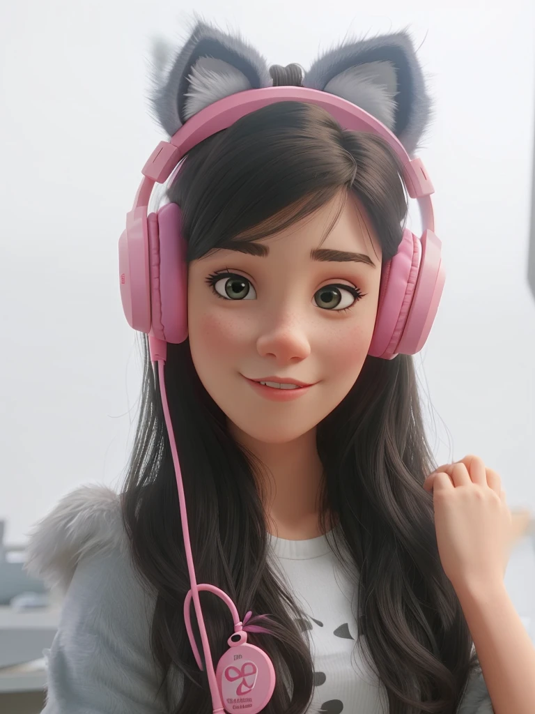 white girl using pink headphones with fox ears
