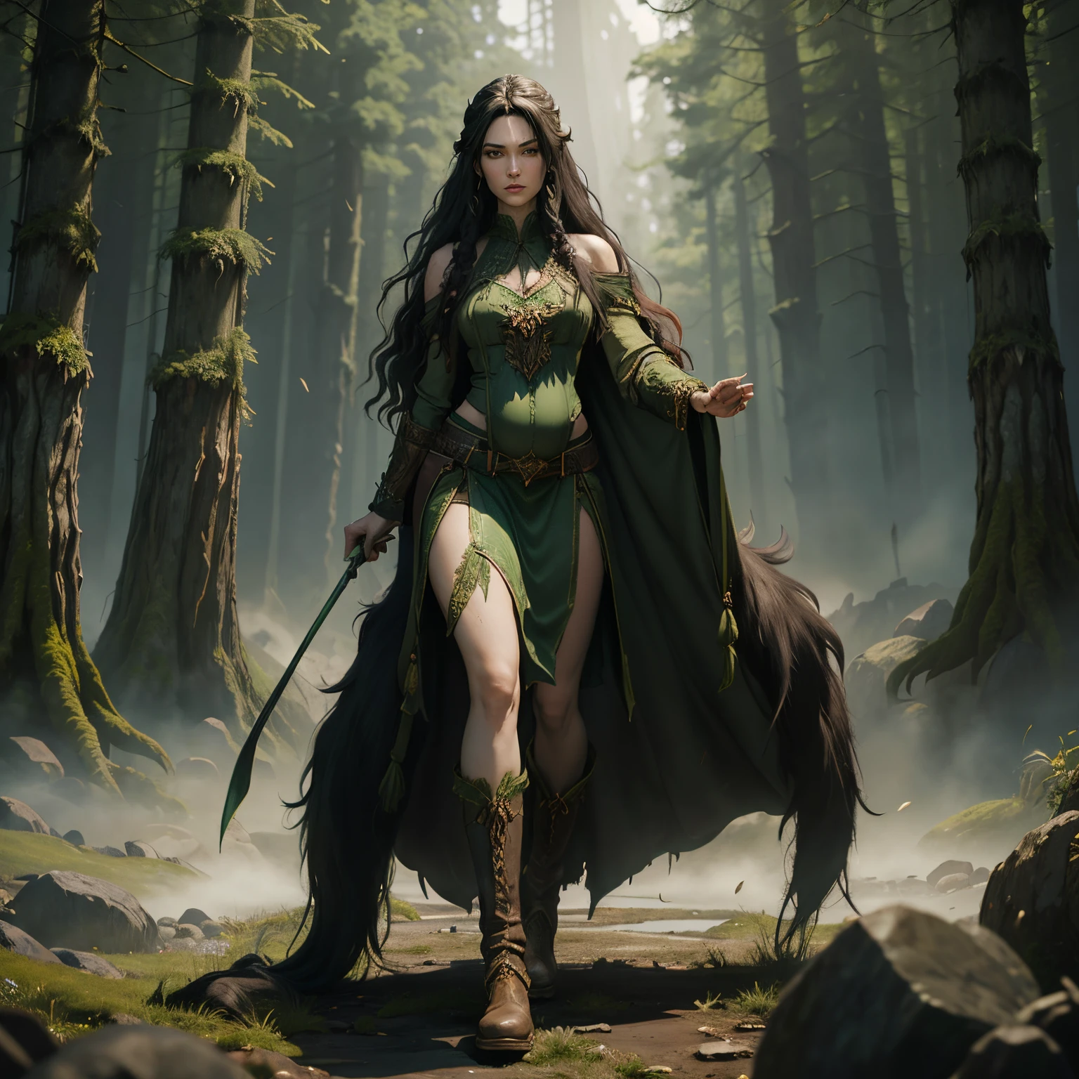 Very Tall, giantess druid, long black hair, with pale skin, slim, lanky, big round belly, heavily pregnant belly, long green loin cloth and green fabric and furs to cover her shoulders and bosom, leather boots, standing taller that the highland forrest