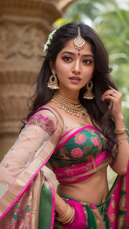 a woman posing for a picture, Indian, traditional beauty, indian, showing deep cleavage, beautiful goddess, indian style, indian super model, beautiful maiden, gorgeous woman, south east asian with long, provocative indian, gorgeous beautiful woman, hindu aesthetic, beautiful asian girl, extremely detailed goddess shot, jaw-dropping beauty, big boobs deep cleavage sexy navel, big boobs deep cleavage, sexy indian women, massive boobs in sexy bikni fusion full body