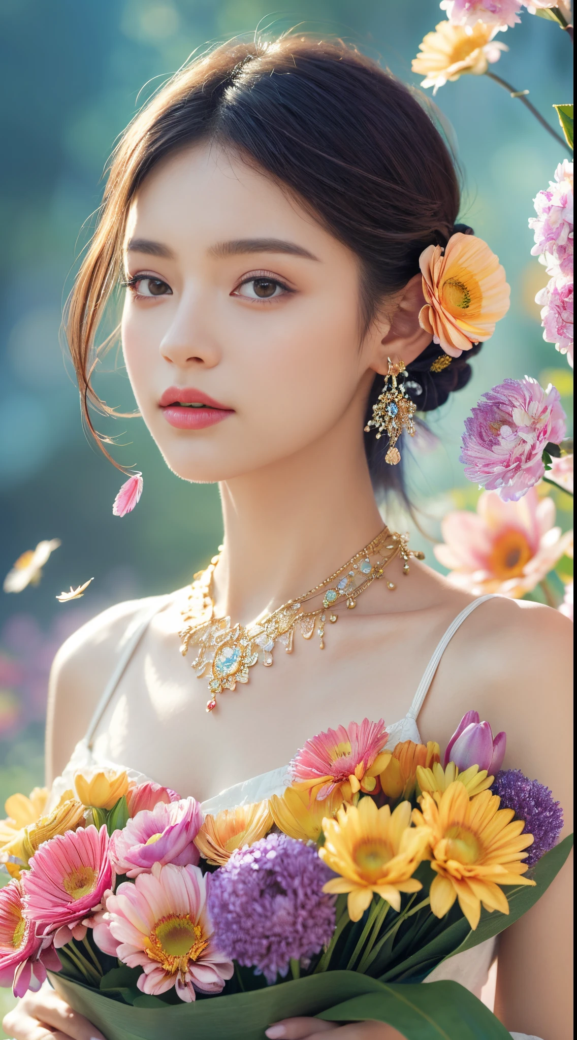 1girl,(earringeathers:1.2),(masterpiece, top quality, best quality, official art, beautiful and aesthetic:1.2),extremely detailed,(fractal art:1.1),(colorful:1.1)(flowers:1.3),feather background,