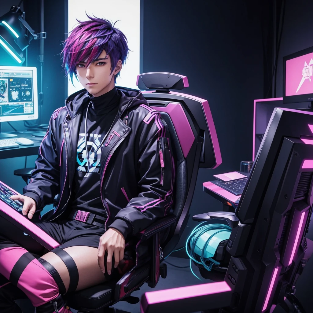 A male  anime character wearing a colourful cyberpunk in a studio ready to talk, facing center and portrait to the camera. Sitting on a chair using a computer.