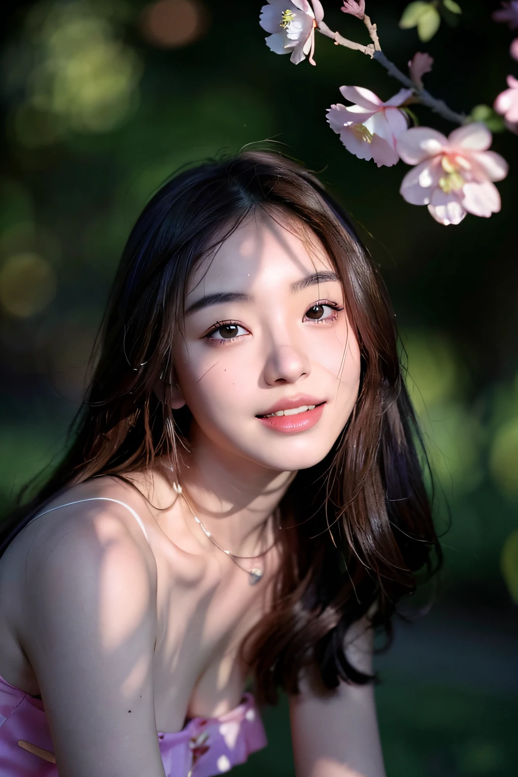 Exquisite Asian beauty, Willow eyebrows, 二重まぶた,The eyes are bright,Peach lips and sublingual features, Long gray hair, hyper realisitc, Top lighting effect picture,Disney theme castle, vases, Brown hair, looks into camera, The background blurred out, Moles under the eyes, bblurry, dark mole, Upper part of the body, Brown eyes, branch flowers, Wear a delicate and beautiful garland on your head,8K Raw photograph, (( A sweet smile)),((Brilliant light and shadow)),1 busty girl