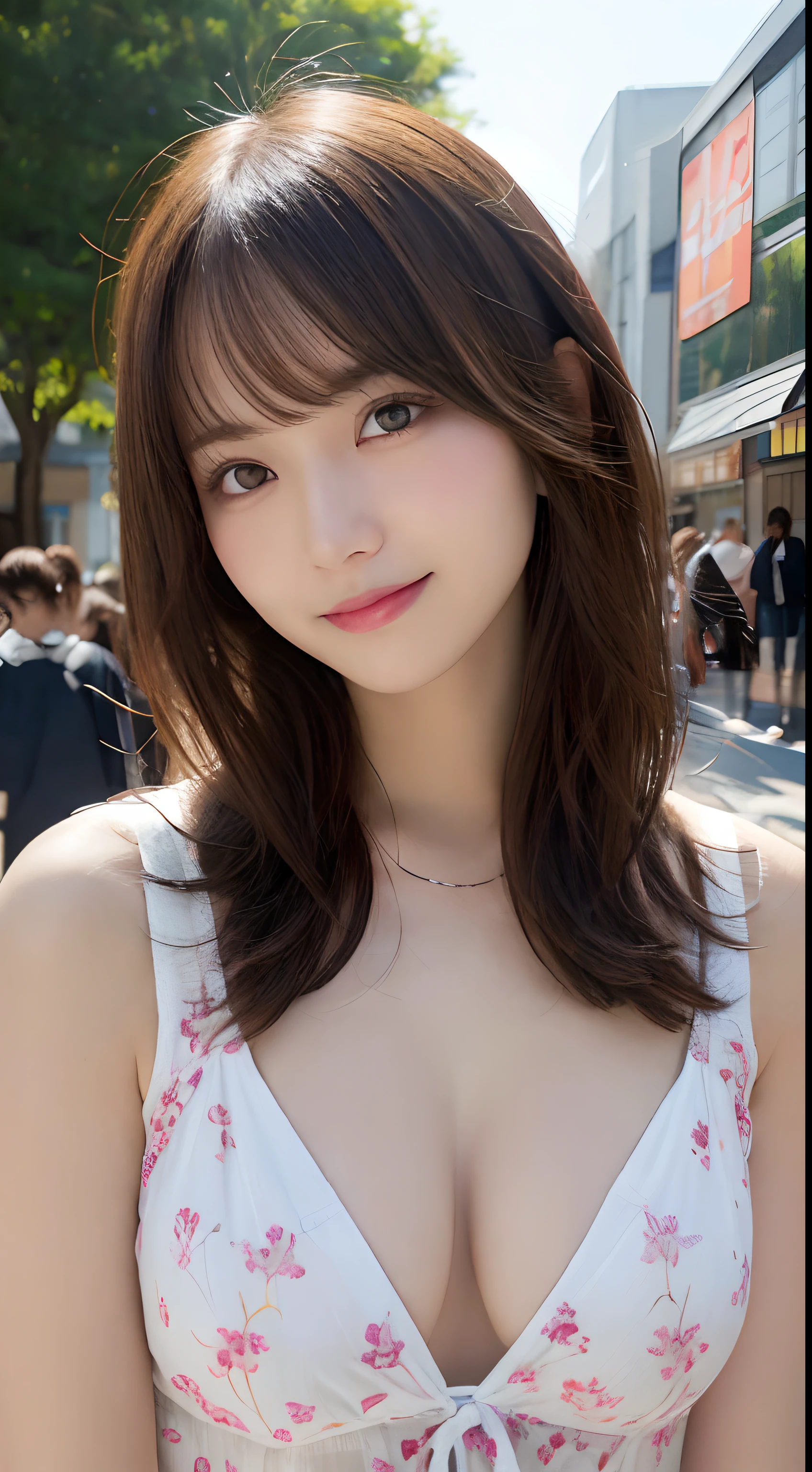 masutepiece, Best Quality, Illustration, Ultra-detailed, finely detail, hight resolution, 8K Wallpaper, Perfect dynamic composition, Beautiful detailed eyes, Women's Fashion Summer,Medium Hair,Small breasts natural color lip, Bold sexy poses,Smile,Harajuku、20 years girl、Cute、Sexy shot looking at camera