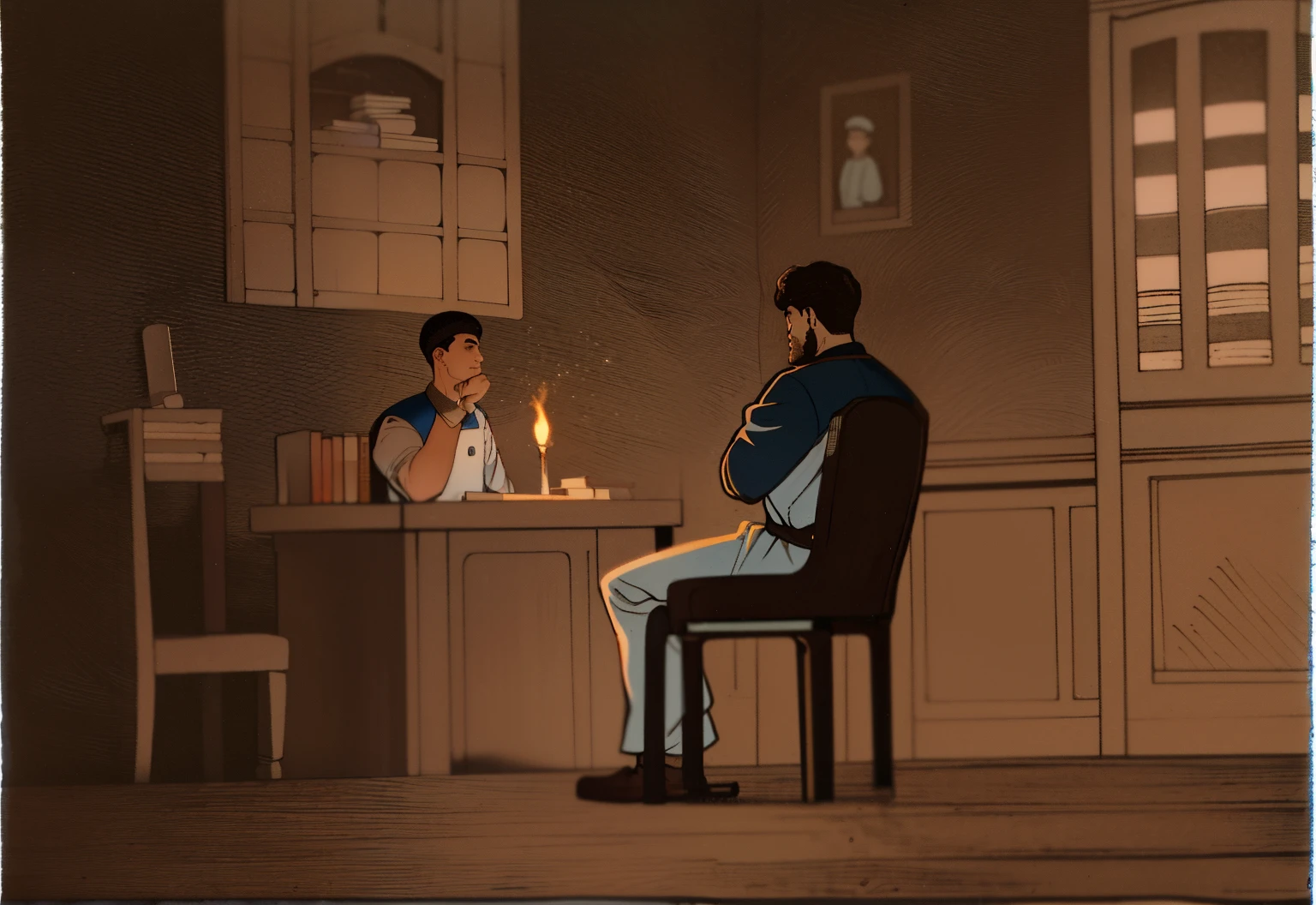 Torches on the wall, books on the desk, the man sitting at the back wears all white, while the man sitting at the front wears all black