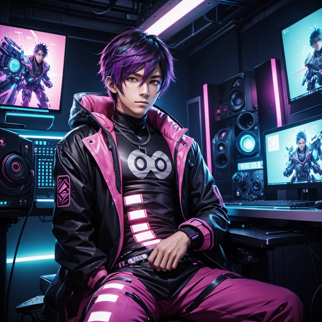 A male  anime character wearing a colourful cyberpunk in a studio ready to talk, facing center and portrait to the camera. Sitting on a chair using a computer. Facing straight, portrait and center