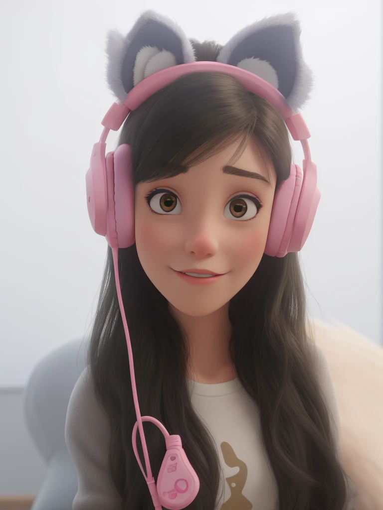 white girl using pink headphones with fox ears