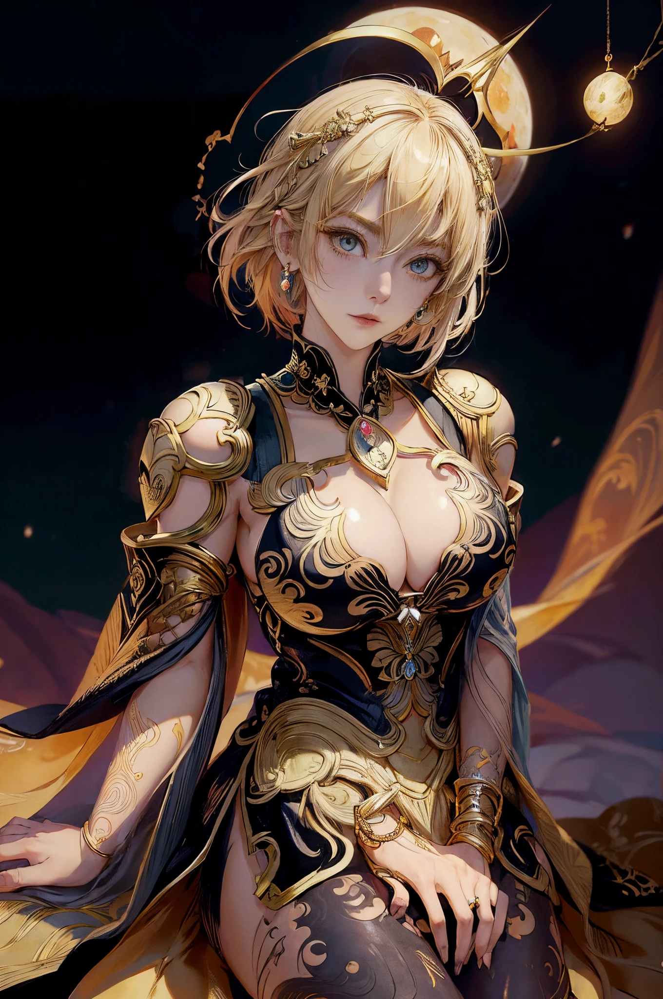 Anime girl with short blond hair and gold jewelry in front of black background, onmyoji detailed art, anime goddess, portrait onmyoji, Onmyoji, the goddess artemis smirking, goddess of the moon, intricate gorgeous anime CGI style, Beautiful fantasy empress, Works of the Goddess of Sorrow, goddess of the moon, goddess of the moon, (Colossal tits:1.4), (Detailed eyes:1.4), (Perfect Anatomy:1.2), (The tattoo)