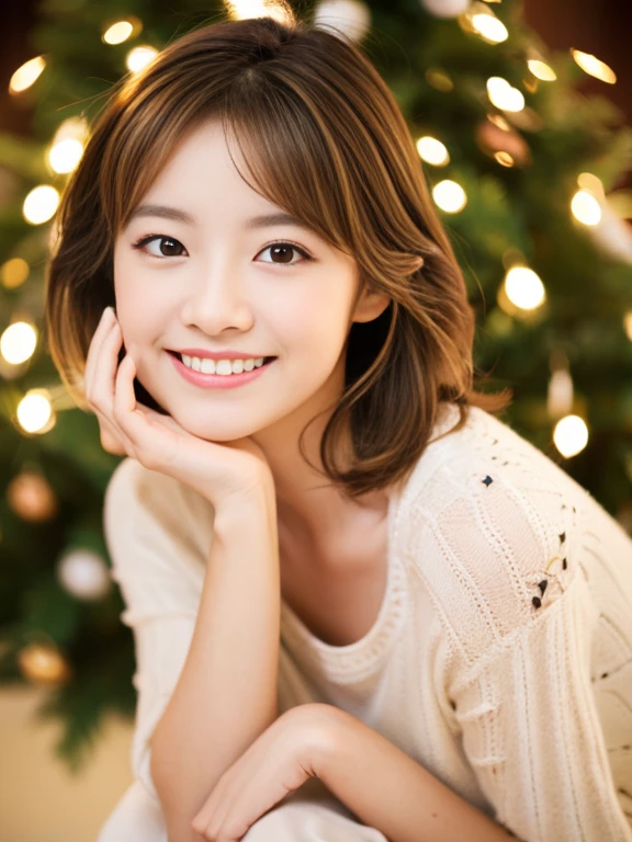 kindly smile,  A smile loved by everyone, Best Quality,Above the knee , Christmas Backgrounds ,  masutepiece, hight resolution, (Detailed:1.4), 1 girl, (Natural Eyeliner), light brown hair, Natural-looking makeup, eyeshadows, very thin eyebrows,  Wavy Hair