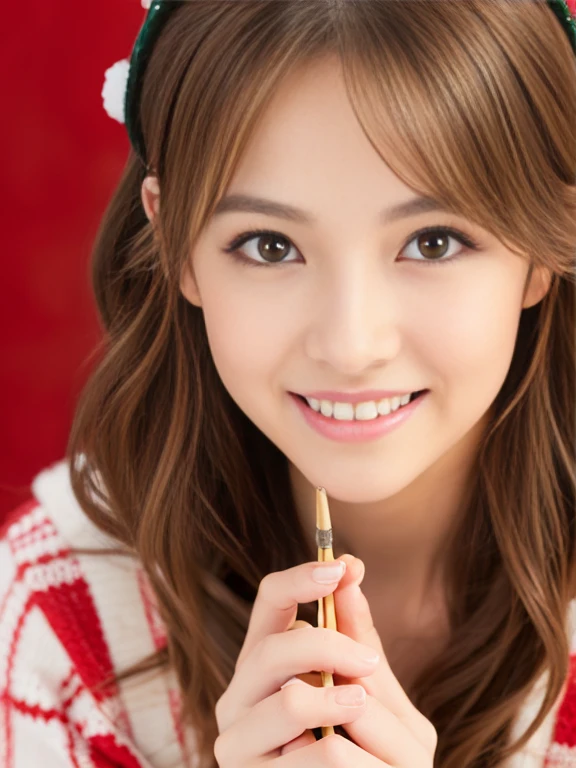 kindly smile,  A smile loved by everyone, Best Quality,Above the knee , Christmas Backgrounds ,  masutepiece, hight resolution, (Detailed:1.4), 1 girl, (Natural Eyeliner), light brown hair, Natural-looking makeup, eyeshadows, very thin eyebrows,  Wavy Hair