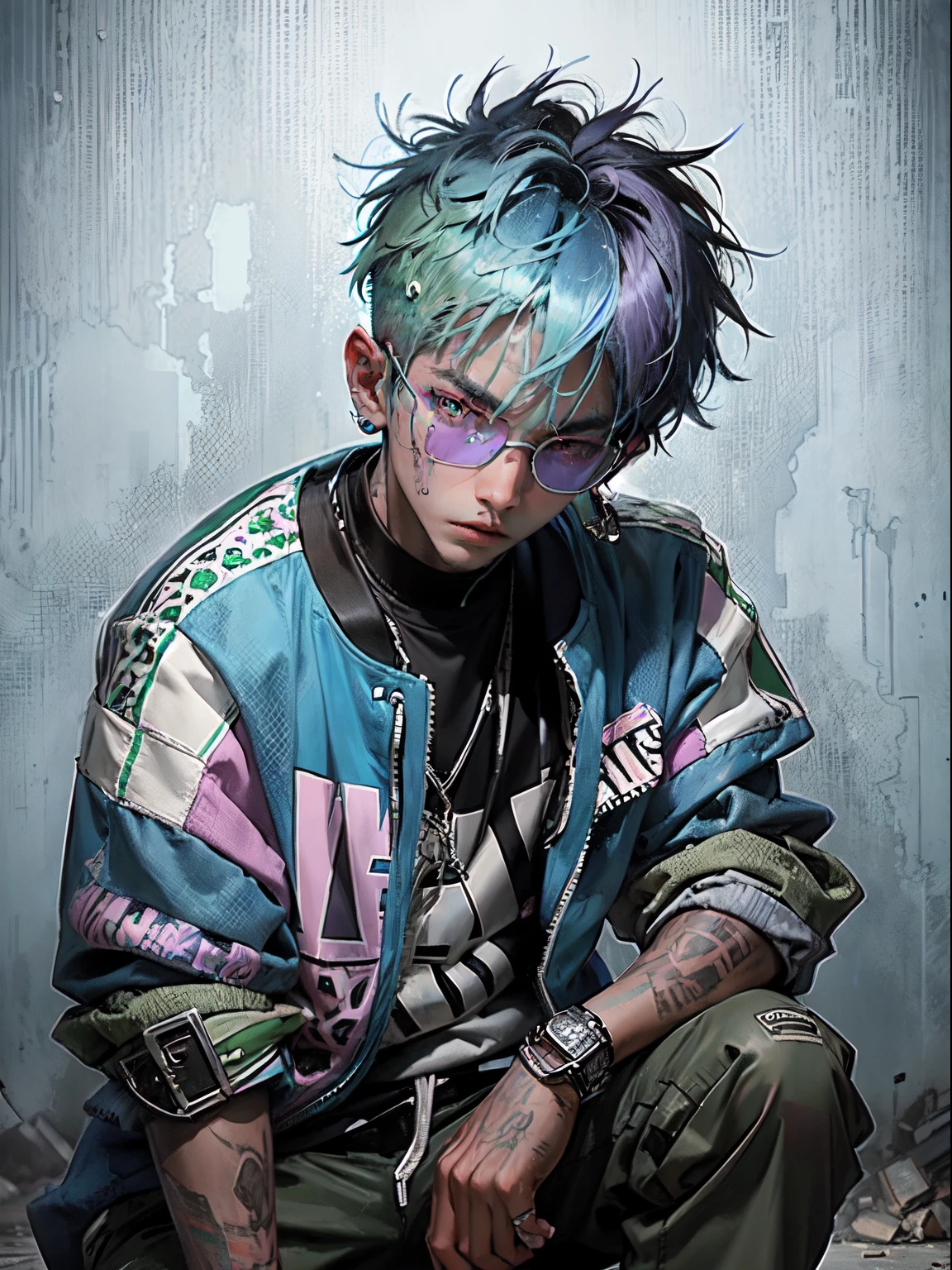 kpop young age boy with fade cut blue skin and green hair with signature green skiing goggles in top hair with a pink lenses, blue eyes, open purple jacket with dark blue shirts ,wears a brown leather jacket with a white and dark-brown spotted fur collar, green pants that go down to his knees , casino background, popstar, He has a normal Putt Putt Troll, bossy big brother", as being the leader of the group