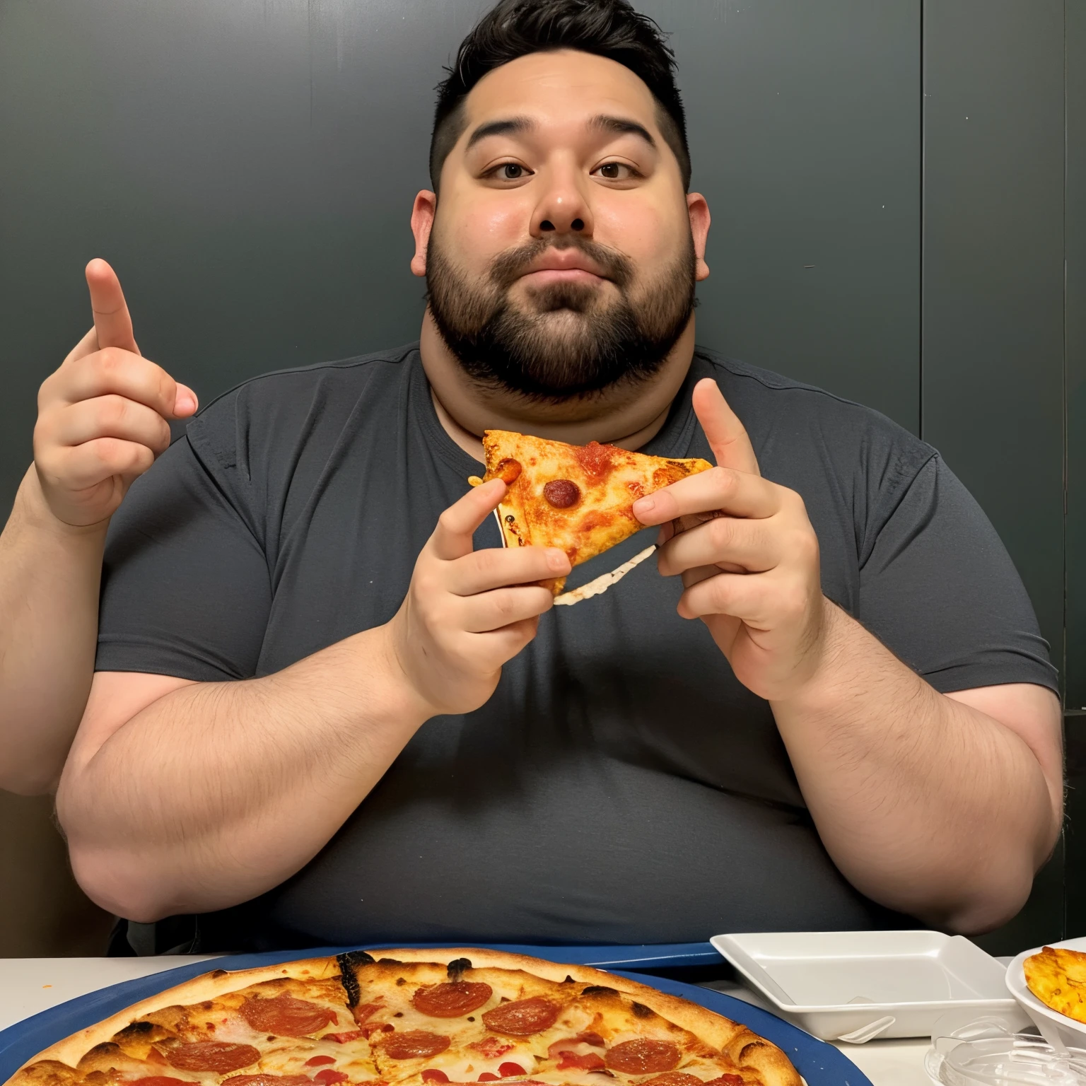 Really obese man eating pizza, triple chin, large fingers, large belly, slob