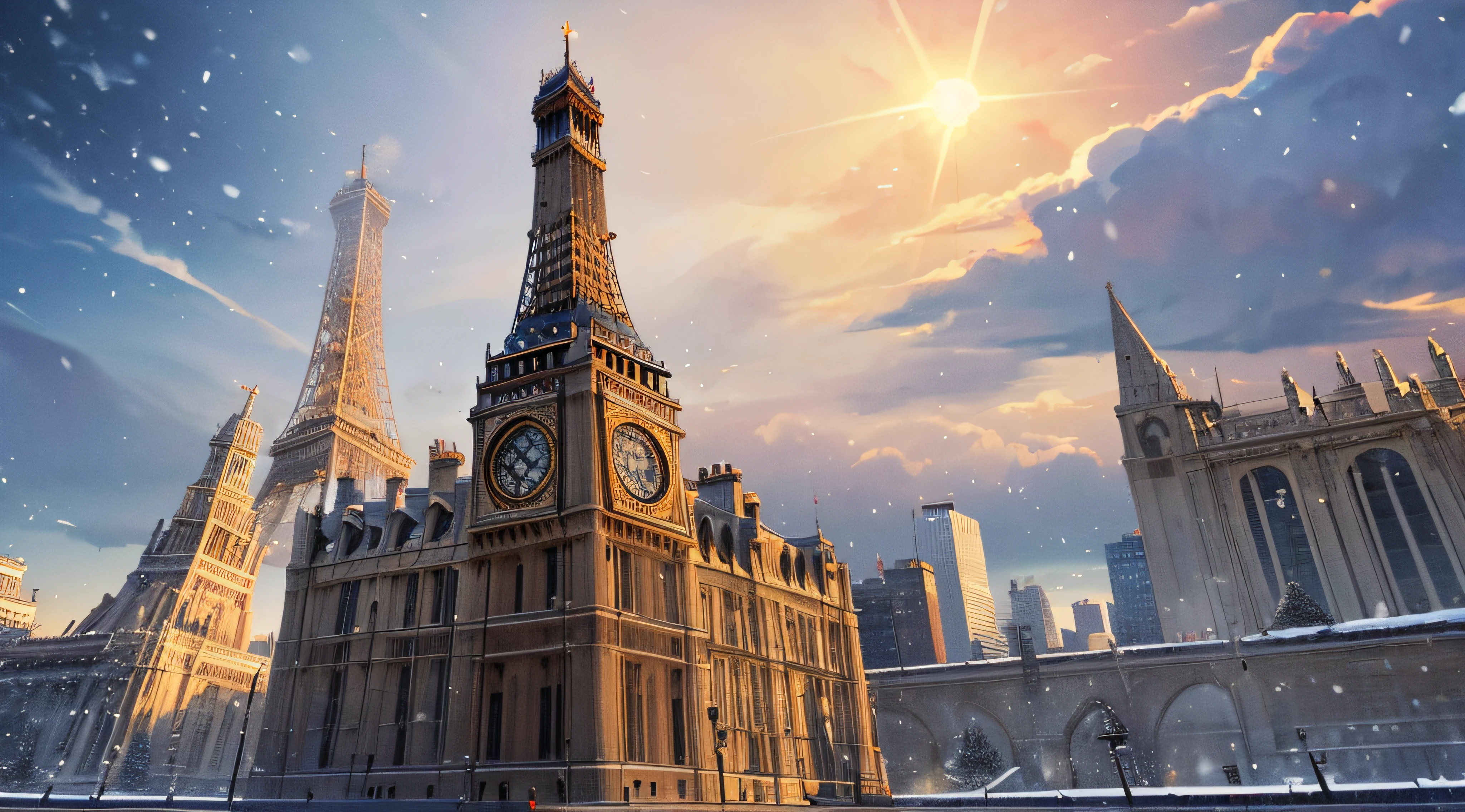 Scenery , City , Snowing , Winter Season ,  Eiffel Tower , Big Ben , Skyscrapers  , Sky  , Sun , Breeze , masterpiece , best quality, high quality