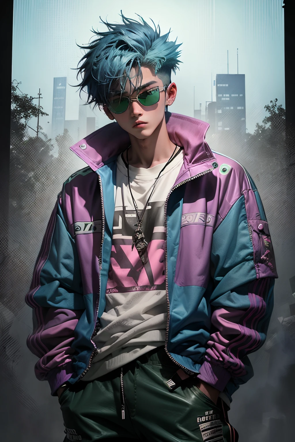 kpop young age boy with fade cut blue skin and green hair with signature green skiing goggles in top hair with a pink lenses, blue eyes, open purple jacket with dark blue shirts ,wears a brown leather jacket with a white and dark-brown spotted fur collar, green pants that go down to his knees , casino background, popstar, He has a normal Putt Putt Troll, bossy big brother", as being the leader of the group