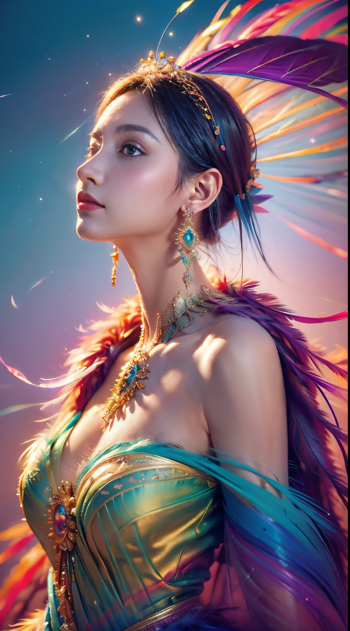 1个Giant Breast Girl,(earrings feather:1.2),(tmasterpiece, quality, Best quality at best, offcial art, Beautiful and beautiful:1.2),The very detailed,(s fractal art:1.1),(Colorful:1.1),Feather background,