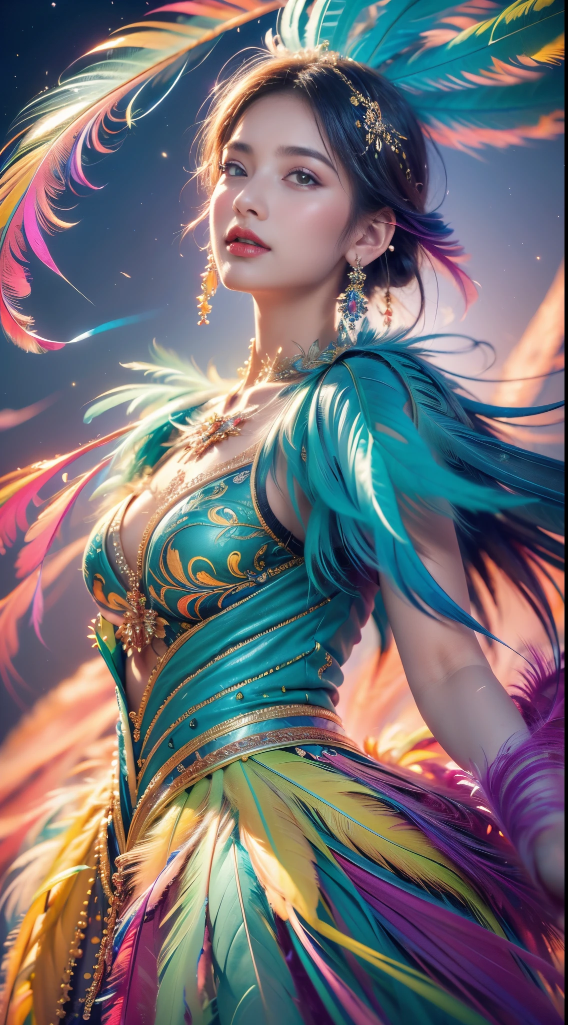1个Giant Breast Girl,(earrings feather:1.2),(tmasterpiece, quality, Best quality at best, offcial art, Beautiful and beautiful:1.2),The very detailed,(s fractal art:1.1),(Colorful:1.1),Feather background,