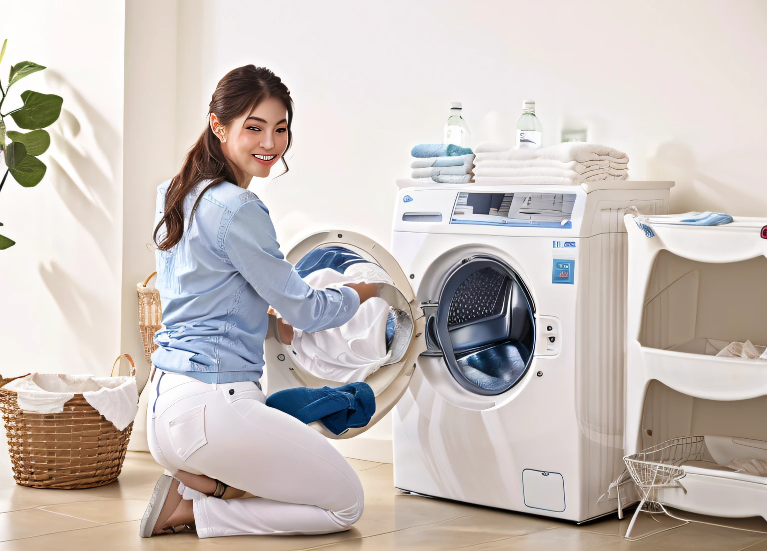 Woman in white pants and blue shirt puts clothes in washing machine, product introduction photos, product introduction photos, washing machine, - h 8 5 0 - w 6 0 0, Handsome, Beautiful image, environmental shot, 8l, 8l, Photo 85mm, Drying rack for clothing, designed for cozy aesthetics!, award wining masterpiece, Warm and joyful atmosphere