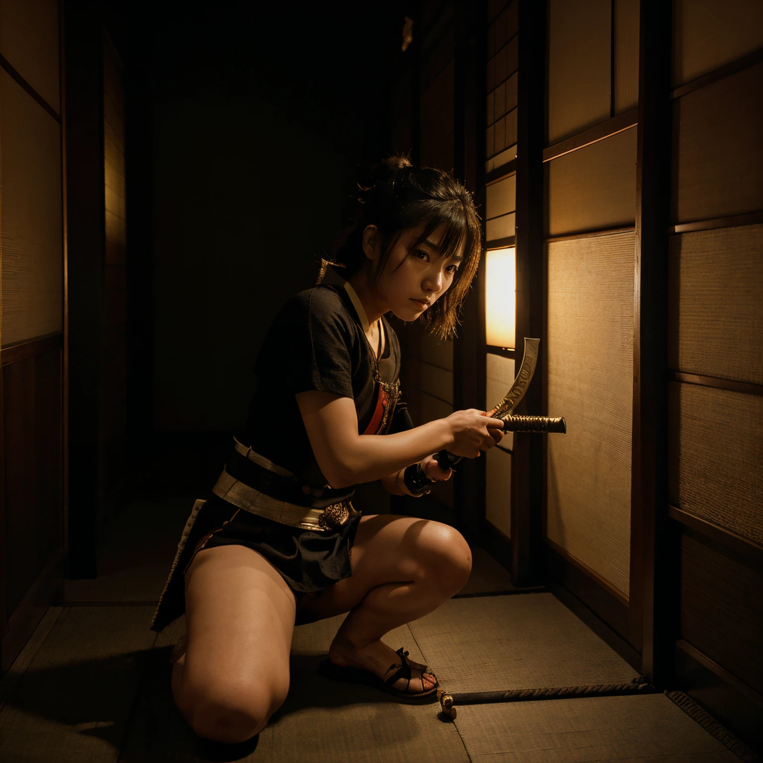 Japanese samurai girl, on one knee in the dark, carry a samurai sword on right shoulder to the ready, left knee touch to ground, spot light
