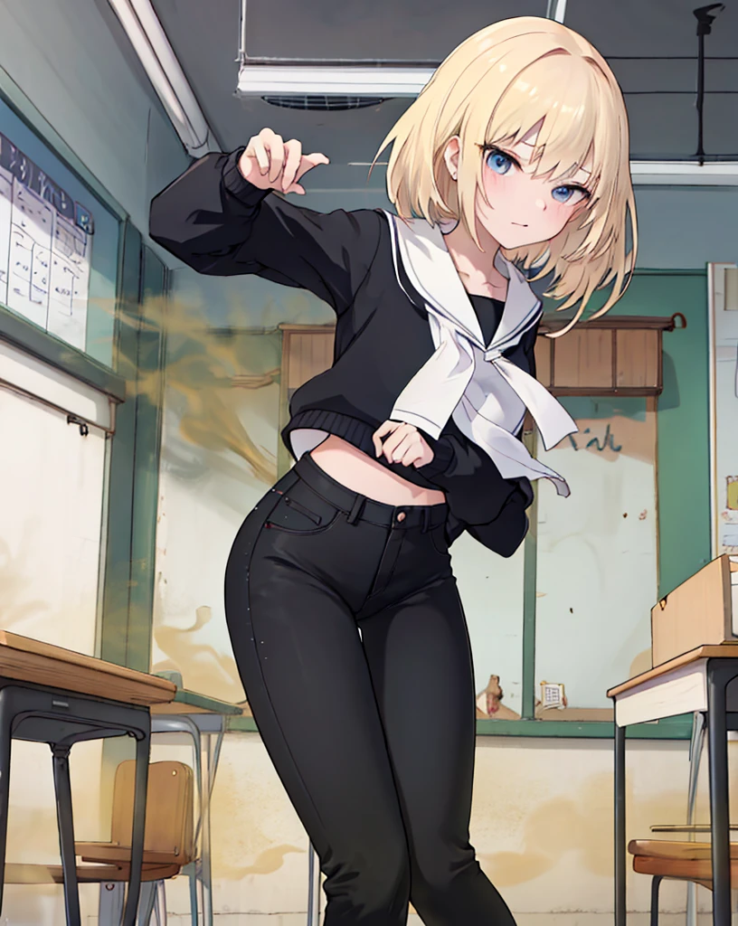 8K,,(( 1 girl in)), Character focus,skinny pants,Classroom,Fart,The stench pervasive,Look up at the perspective,Girl facing camera