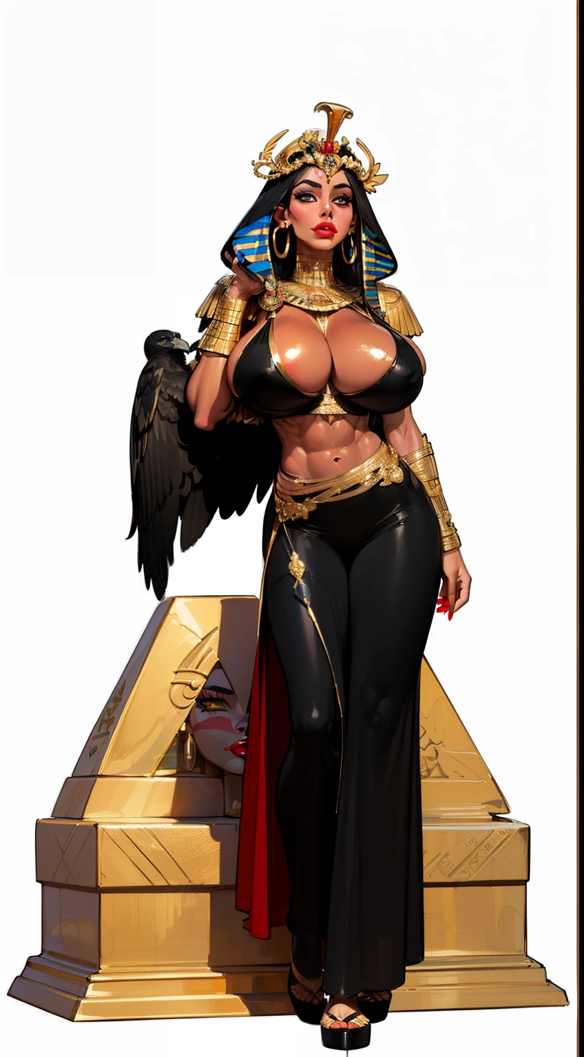 ((side profile)), ((full body view:1.4)), ((masterpiece)),(((best quality))), ((egyptian empress, mature face)), ((middle eastern eyes:1.4)), ((Vulture crown:1.4)), (((septum piercing)), defined cheekbones, high cheekbones, illustration, ((muscular:1.3)), ((gold:1.4)), sexy bimbo, (gigantic breasts:1.7) ((long Egyptian headpiece)), black hair, ((detailed face:1.4)) beautiful woman, (egyptian:1.4), colored skin, (black skin:1.4) , (red lipstick:1.4), shiny skin, ((skindentation)), scribbles and marks,(puffy lips:1.4) ,  (temple: 1.5), ( at night: 1.5), rough sketches, pose, 8k,16k, ( background, white background: 1.3) ((warm color palette)), ((ancient aesthetic))