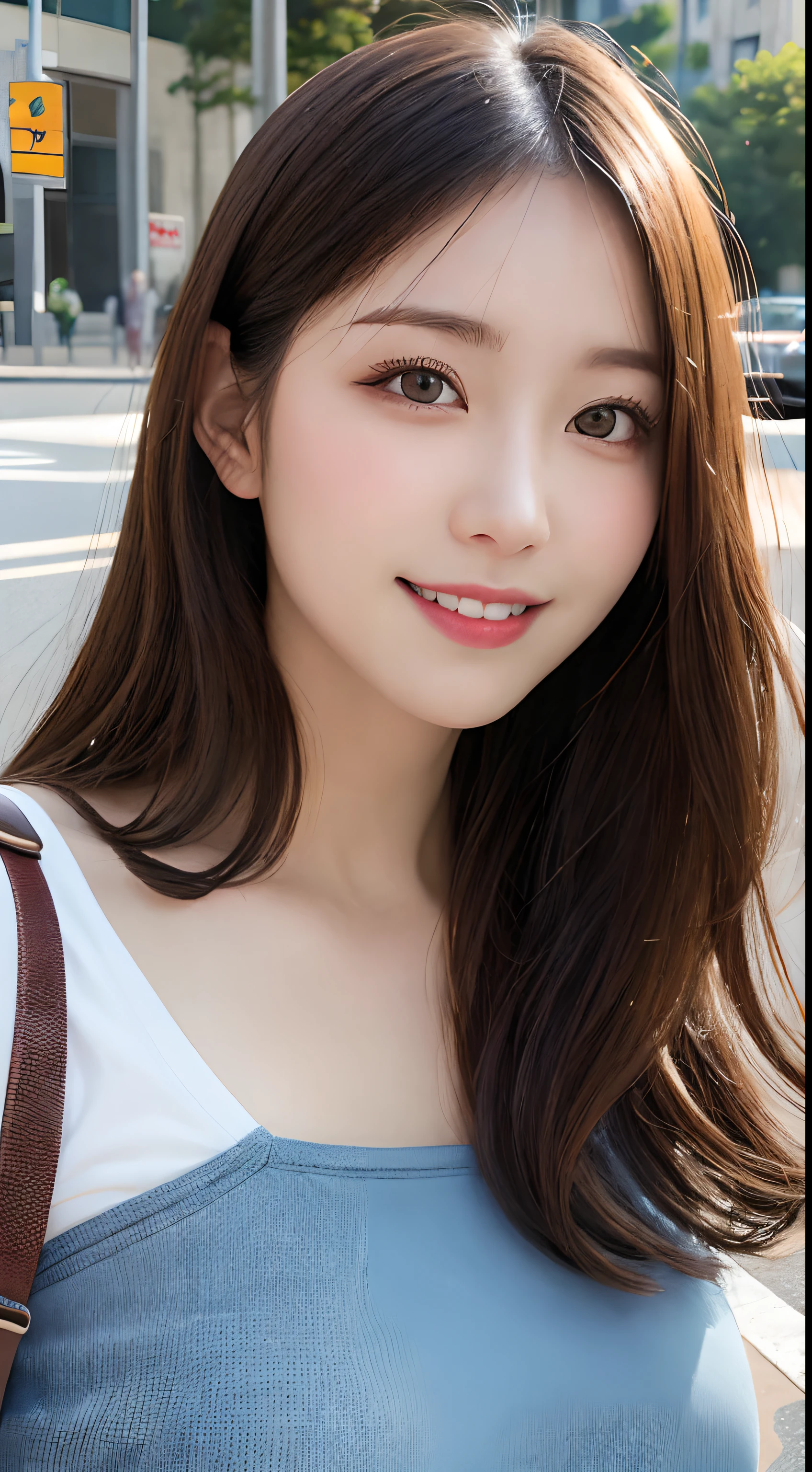 masutepiece, Best Quality, Illustration, Ultra-detailed, finely detail, hight resolution, 8K Wallpaper, Perfect dynamic composition, Beautiful detailed eyes, doress,Medium Hair, Big breasts, Natural Color Lip, Random and sexy poses,Smile,Aoyama Street Walk、20 years girl