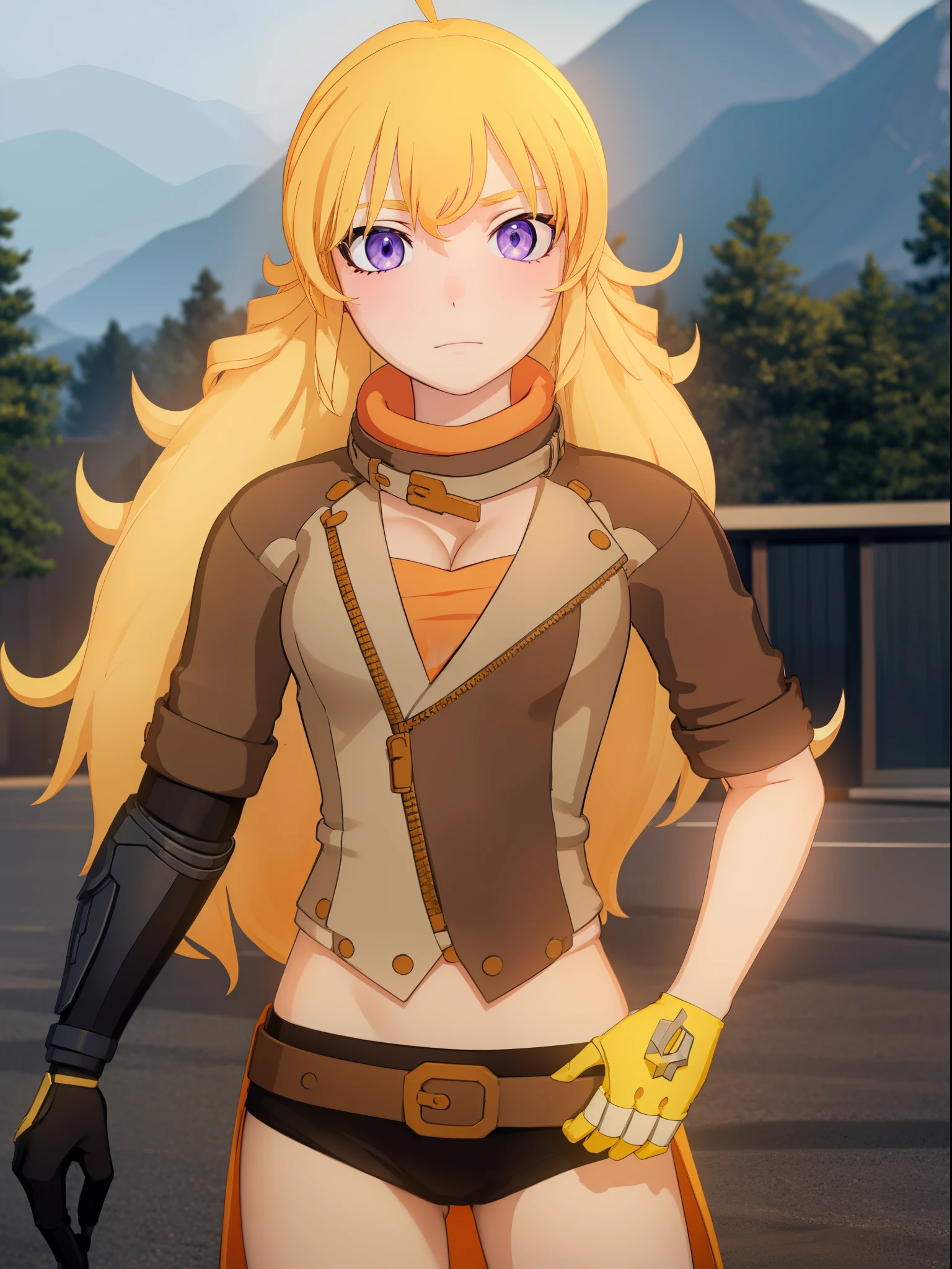 yangxiaolong, yang xiao long, long hair, blonde hair, (purple eyes:1.1), ahoge, bangs,
BREAK cleavage, jacket, belt, mechanical arms, single mechanical arm, prosthesis, prosthetic arm,
BREAK outdoors,
BREAK looking at viewer, (cowboy shot:1.5),
BREAK (masterpiece:1.2), best quality, high resolution, unity 8k wallpaper, (illustration:0.8), (beautiful detailed eyes:1.6), extremely detailed face, perfect lighting, extremely detailed CG, (perfect hands, perfect anatomy),