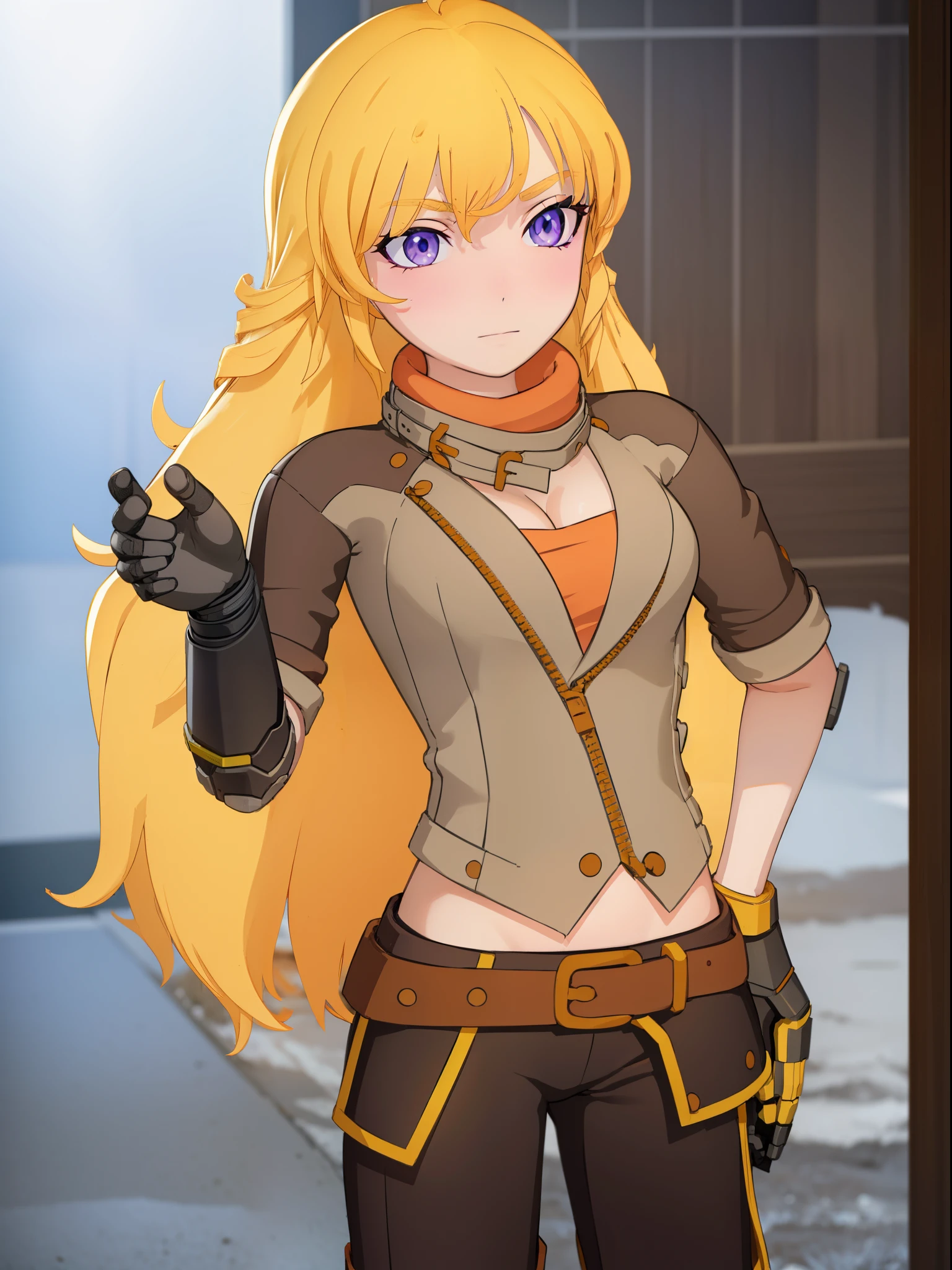 yangxiaolong, yang xiao long, long hair, blonde hair, (purple eyes:1.1), ahoge, bangs,
BREAK cleavage, jacket, belt, mechanical arms, single mechanical arm, prosthesis, prosthetic arm,
BREAK outdoors,
BREAK looking at viewer, (cowboy shot:1.5),
BREAK (masterpiece:1.2), best quality, high resolution, unity 8k wallpaper, (illustration:0.8), (beautiful detailed eyes:1.6), extremely detailed face, perfect lighting, extremely detailed CG, (perfect hands, perfect anatomy),