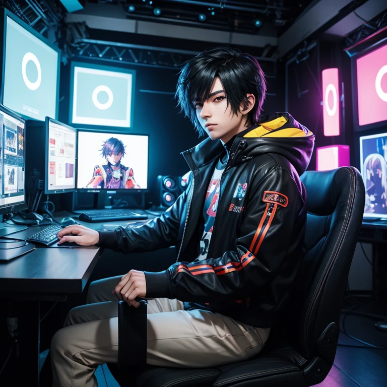 A male  anime character wearing a colourful cyberpunk in a studio ready to talk, facing center and portrait to the camera. Sitting on a chair using a computer. Sitting on a chair with a table in front of him
