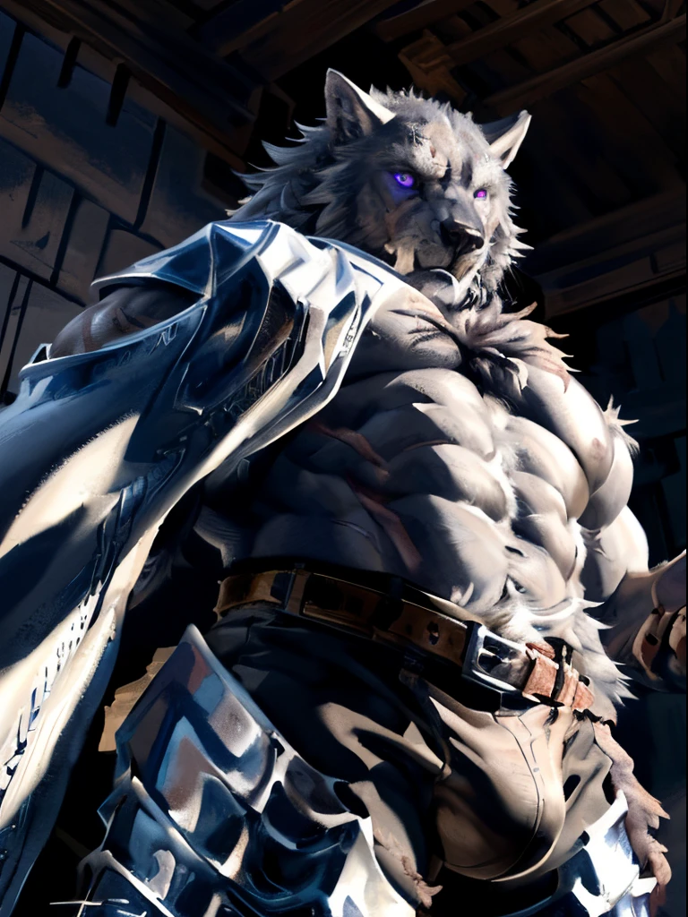 blaidd, flexing muscles. 4k, high resolution, best quality, perfect colors, perfect shadows, perfect lighting, posted on e621, furry body, solo, male, adult, bare chest, masculine, (very muscular, buff, heavyweight, strong chest:1.4), correct anatomy, (photorealistic fur, detailed fur, epic, masterpiece:1.2), (inside medieval castle, dark lighting), (by Taran Fiddler, by Traver009, by wfa:1.2), (pants, leg armor, bulge, belt:1.2), (detailed eyes, purple eyes:1.2), serious face, growling, baring fangs, (large scars on body:1.1), (veins on biceps, muscles flexing:1.3), looking at viewer, messy fur, (low-angle shot:1.2)