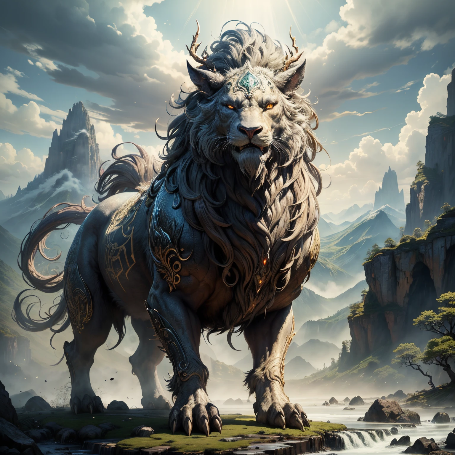 (Best quality at best,8K,A high resolution,tmasterpiece:1.2),ultra - detailed,(actual,realisticlying,Photorealistic:1.37),Ancient beasts from hell，Chinese mythology，Mountain and Sea Sutra，Mountains and sea,Ancient legends,mythological creatures,Sparkling golden scales,deer antlers,mane hair,quadrupedal，sharp talons,beast of prey，bucktooth，sparkling big eyes，golden rays of sunlight, surrounded by cloud,Flowing waterfall, Towering mountains, Un bosque tranquilo, Intricate fantasy ink painting, Detailed fantasy ink illustration, The fantasy  very detailed, beautiful detailed fantasy, The magic fantasy  very detailed, Highly detailed fantasy art, Rivendell Epic Fantasy, japanese fantasy, detailed fantasy digital art, chinese fantasy, detailed fantasy art,