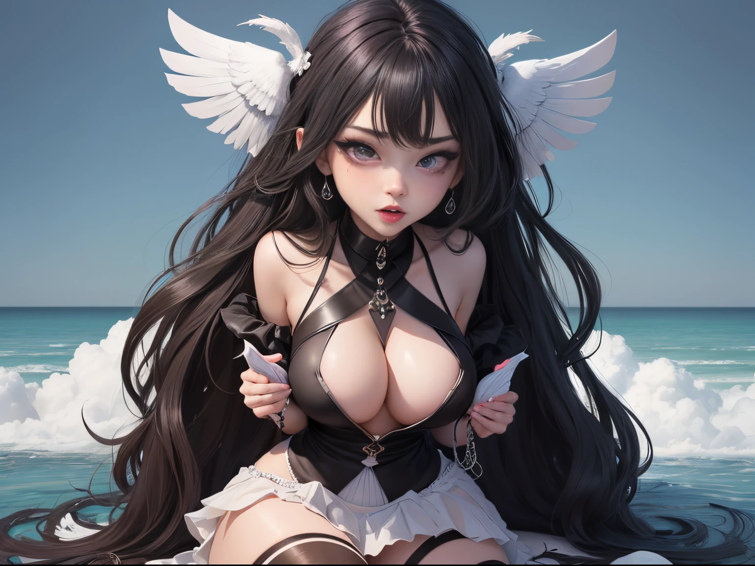tmasterpiece, Amazing Cleavage, Peek at viewers, actual, The whole body in the camera, On the legs, squatt, black hair color hair, Long gray hair, Soruig's Eagle, Forced real water, White less cloth transparent minishirt, White transparent thong, Seafront, RAW very detailed, Ahegao, Roll your eyes and blush,, sticky tongue, Broken, Leucorrhea increases and becomes larger, hold it with both hands,, sexually arousing, sexual expressio, Skin glows。Tongue rest,cosmetics,cheerful,reflector,Ahegao,黑The eye,heart earrings,1,Alone,female pervert,Hair black and shiny,shinny hair,
