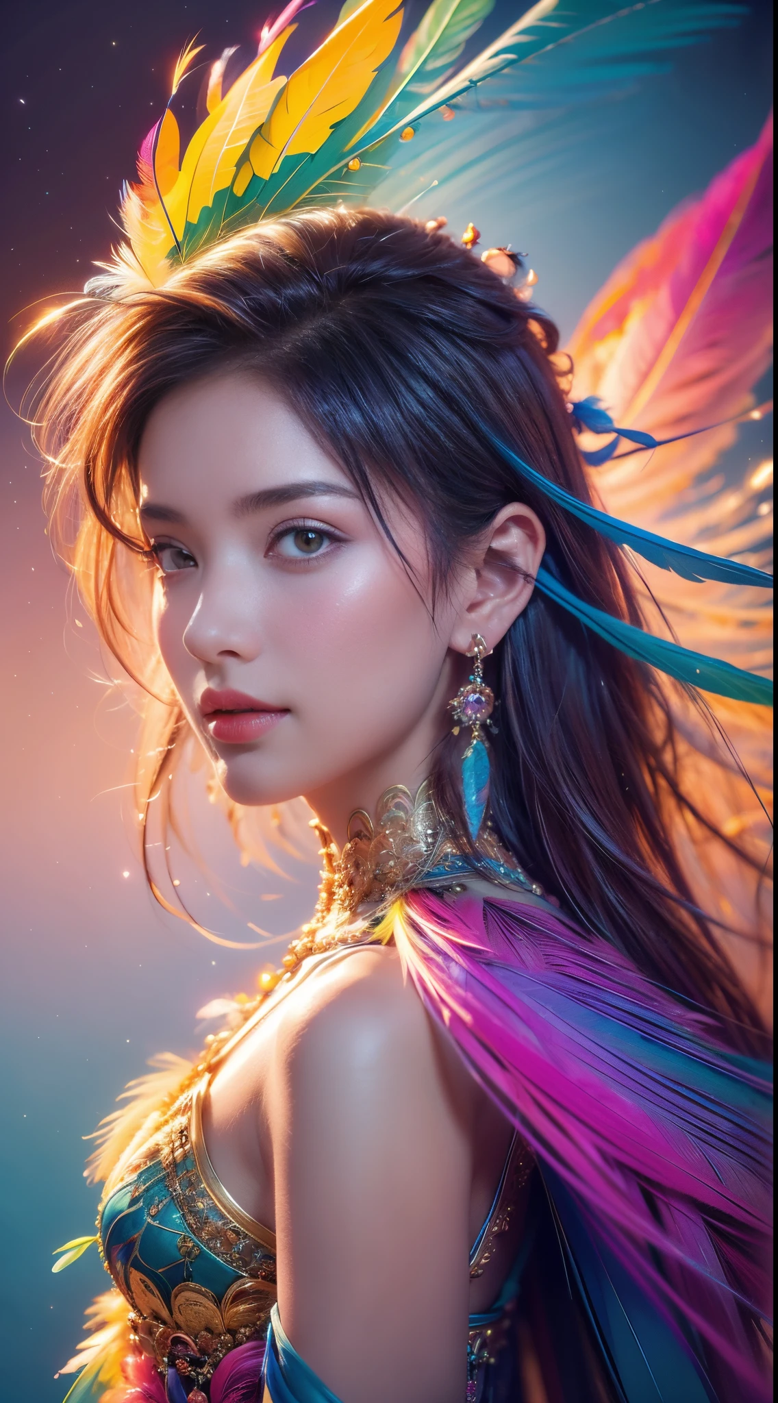 8k,1 sister,(earrings feather:1.2),(tmasterpiece, quality, Best quality, offcial art, Beautiful and beautiful:1.2),very detailed nipples,(s fractal art:1.1),(Colorful:1.1),Feather background,