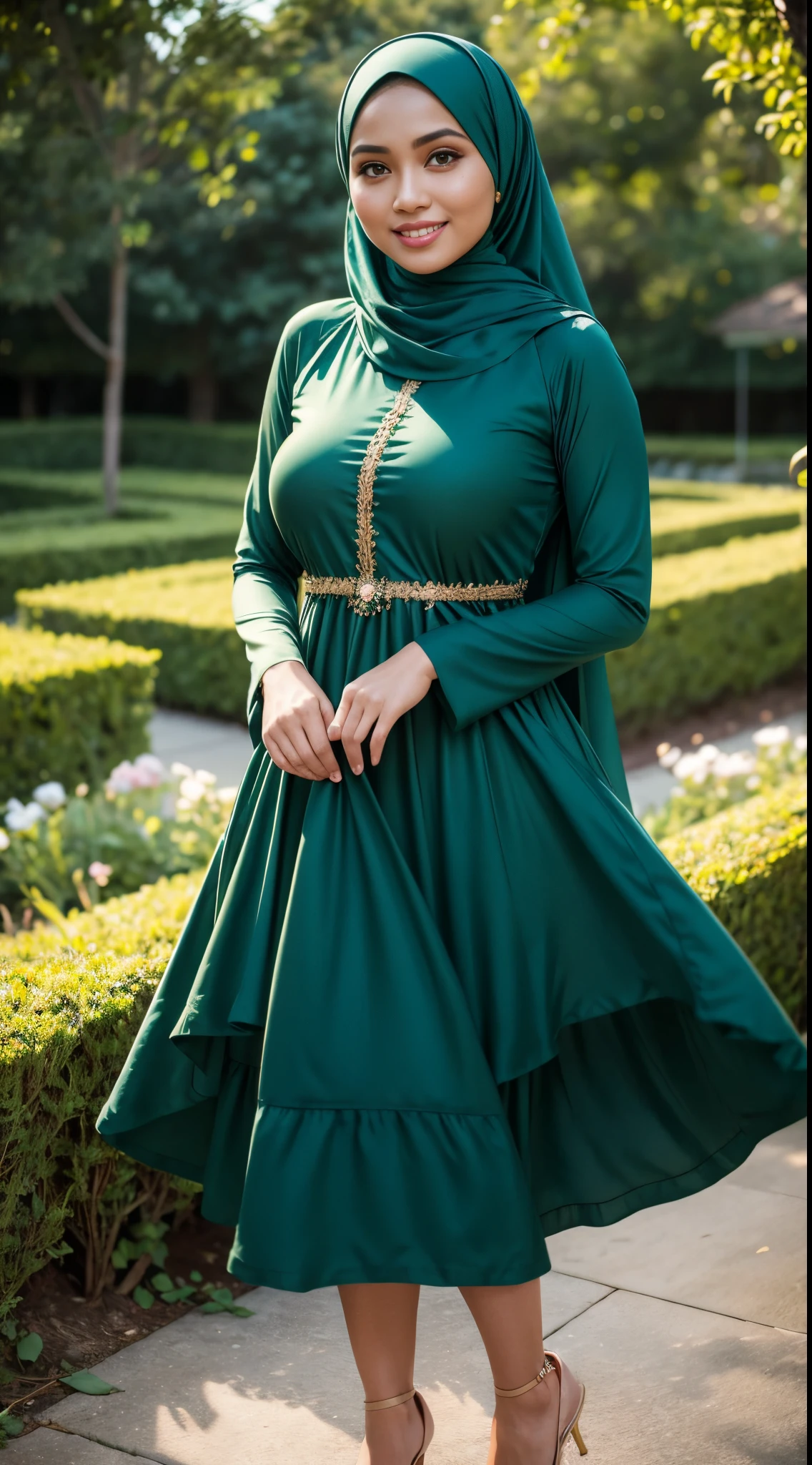 RAW, Best quality, high resolution, work: 1.3, beautiful Malay woman in hijab, beautiful big eyes, smiling, beautiful face, shiny lips, soft smile, medium portrait, watery eyes, big breasts, woman in green dress posing seductively in front of the camera with a background behind garden flowers(bokeh) , simple flowing dress, sophisticated dress, with teal clothes, multi-layered clothes, dark green, fully covered dress, dark green dress, graceful dress, wearing an elegant dress, women's long dress, she is wearing a dark green dress, full body