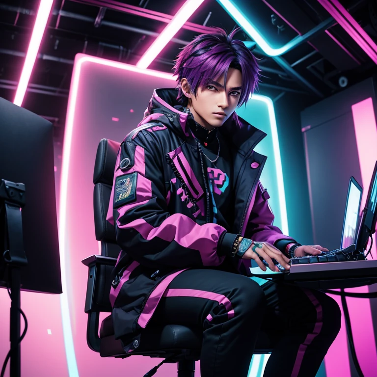 A male  anime character wearing a colourful cyberpunk in a studio ready to talk, facing center and portrait to the camera. Sitting on a chair using a computer. Sitting on a chair with a table in front of him.facing me and facing portrait and straight to the camera
