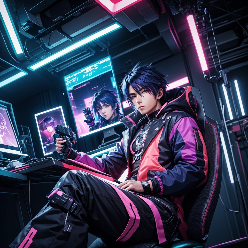 A male anime character wearing a colourful cyberpunk in a studio ready to talk, facing center and portrait to the camera. Sitting on a chair using a computer. Sitting on a chair with a table in front of him.facing me and facing portrait and straight to the camera