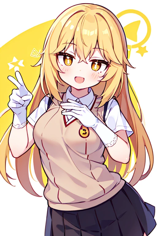 Misaki Shokuhou, Misaki Shokuhou, Blonde hair, hair between eye, Long hair, (symbol-shaped pupils:1.5), (Yellow eyes:1.5), Smile, Break Elbow Gloves, gloves, School uniform, Short sleeves, Summer uniform, Sweater Vest, Tokiwadai School Uniform, White Gloves, (Light brown sweater vest:1.2), (Black bra), Pleated skirt, Miniskirt, (Best Quality, 8K, 32K, masutepiece, nffsw:1.3), 1girl in, (Slender figure, Perfect body :1.2), ((Very detailed)), (Perfectly detailed face), (Highly detailed hands), Smile, blush, Open mouth, hands on own breasts, Large breasts, White background,