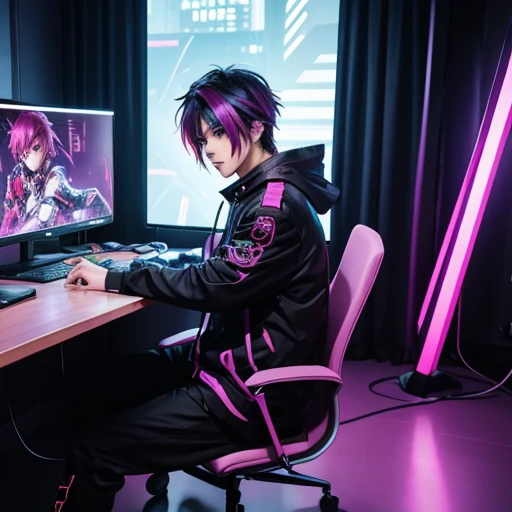 A male  anime character wearing a colourful cyberpunk in a studio ready to talk, facing center and portrait to the camera. Sitting on a chair using a computer. Sitting on a chair with a table in front of him.facing me and facing portrait and straight to the camera
