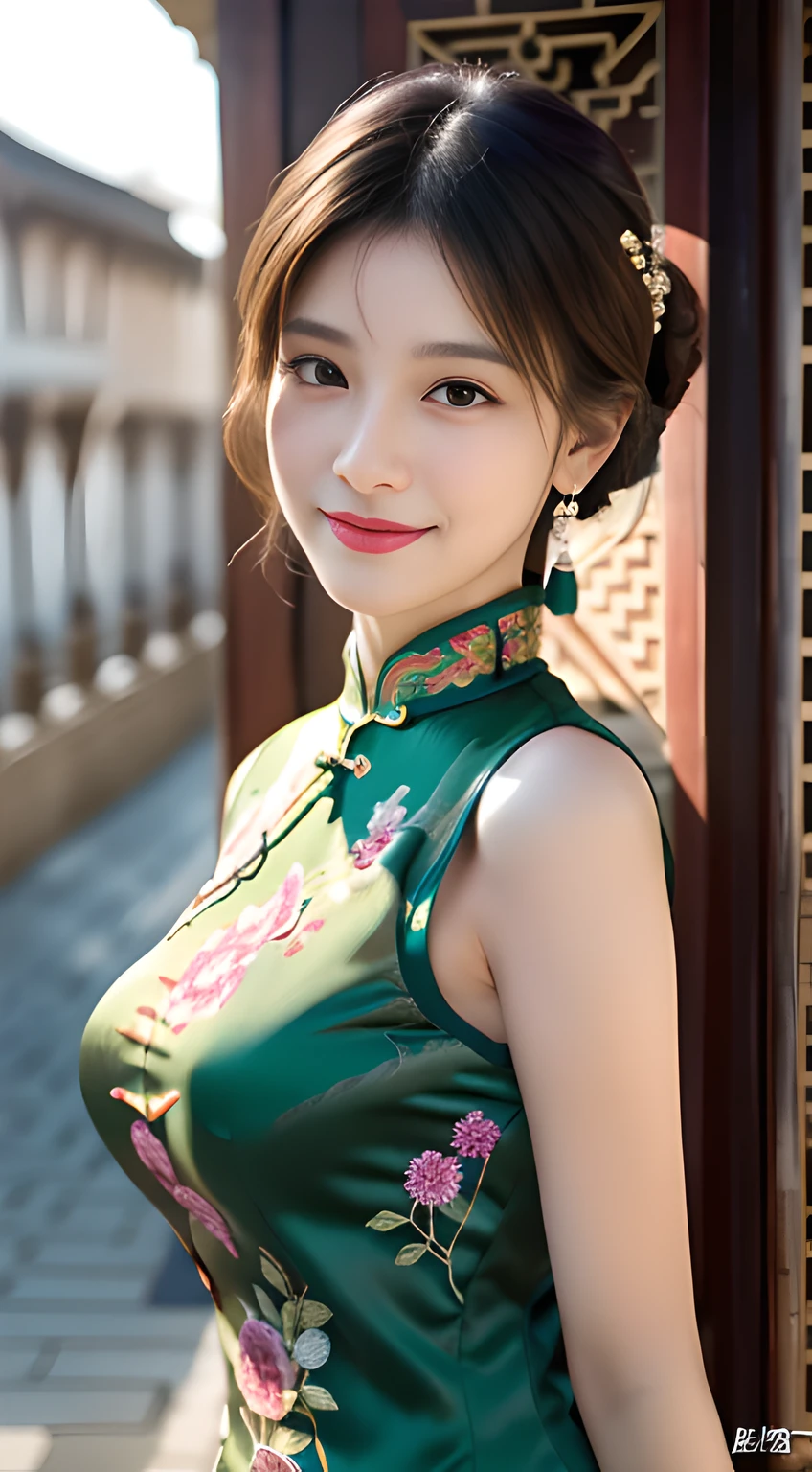ulzzang -6500-v1.1, (Raw foto:1.2), (Photorealsitic:1.4), Delicate beautiful girl,The sparkling eyes have a very nice atmosphere.............,18year old, Attractive eyes and moist lips,cabelos preto e longos,(ssmile:1.3),Detailed depiction of the face,Formula details,Detailed depiction of facial features Star Masterpiece Fine Detail,Describe your role in detail,Detailed depiction of hair,Carefully drawn ,My body is bumpy,Detailed depiction of the hand,Clothes drawn in detail,Detailed depiction of the face,face perfect,Detailed depiction of hands drawn in the military,4fingers and 1thumb:1.3),orthofacial,choker necklace,lipsticks,eardrop,,Photo of three-quarters,Works of masters,Infinitely close to reality,(Upper body photo:1.3),Highest image quality,best qualtiy,infinite details,8K分辨率,(((Beautiful patterned embroidered cheongsam 1.3))),((dark green cheongsam dress))),(Ancient courtyard scene:1.3),A smile, Constriction of the lower back, sexy pose,Bold poses, Beautiful legs visible through the slit of a long skirt