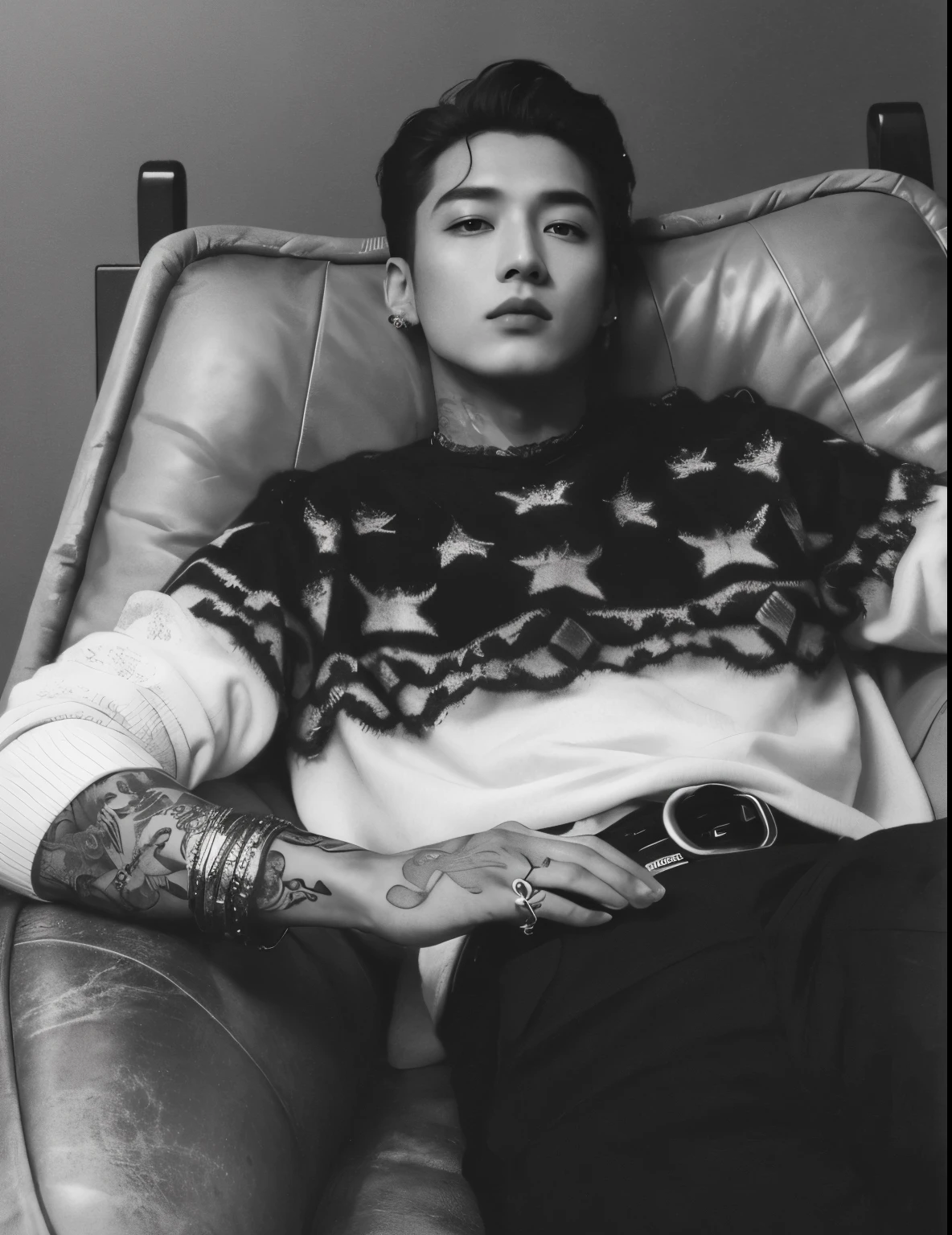 Hombre arafed con tatuajes sentado en una silla con un tatuaje en el brazo., Cai Xukun, inspirado por Jeon Jungkook Keun Lee, Steven Klein, androgynous person, Steven Jung, ji-min, inspirado por Kim Hwan-gi, Hyung Tae, Taejune Kim, androgynous male, editorial photograph, inspirado por Gang Se-hwang