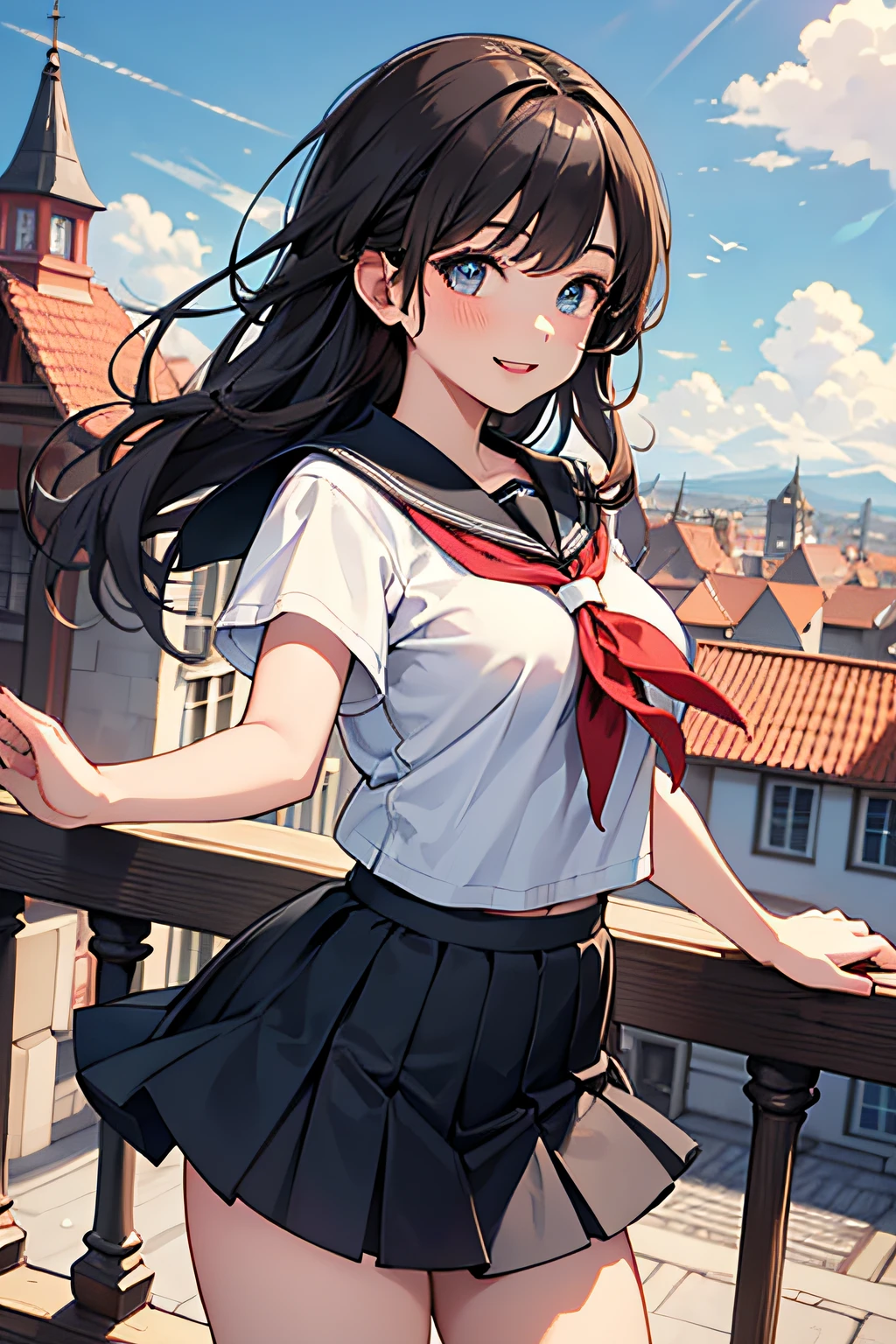 very cute and beautiful school girl,Teen,(very detailed beautiful face and eyes:1.2),(Cowboy Shot),
Smile,Black hair,Seifuku,(Mini skirt),Dynamic Pose,Dynamic Angle,Looking at Viewer,
many european houses with red roofs,(Town overview),
(Best Quality,masutepiece:1.2),Intricate details,Ultra-detailed,8K resolution,Solo,Natural lighting,
Hair fluttering in the wind,Beautiful detailed sky,