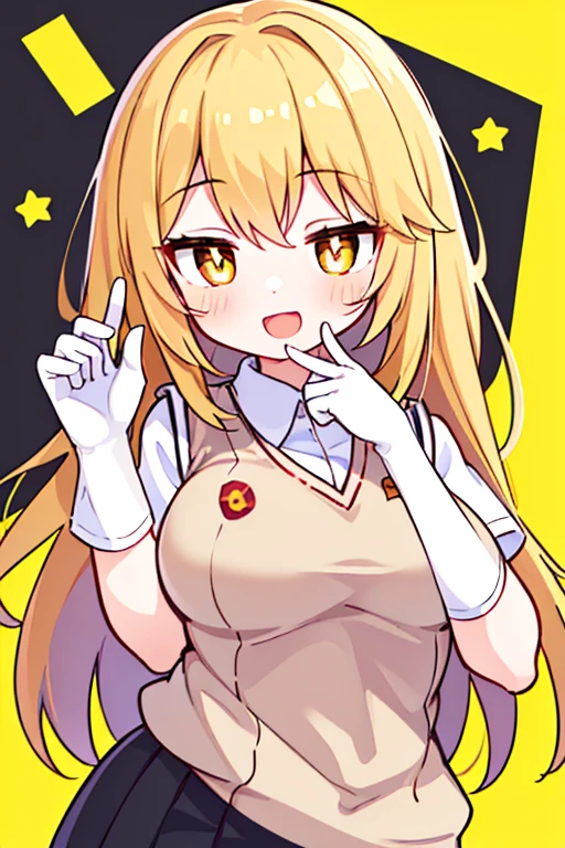 Misaki Shokuhou, Misaki Shokuhou, Blonde hair, hair between eye, Long hair, (symbol-shaped pupils:1.5), (Yellow eyes:1.5), Smile, Break Elbow Gloves, gloves, School uniform, Short sleeves, Summer uniform, Sweater Vest, Tokiwadai School Uniform, White Gloves, (Light brown sweater vest:1.2), (Black bra), Pleated skirt, Miniskirt, (Best Quality, 8K, 32K, masutepiece, nffsw:1.3), 1girl in, (Slender figure, Perfect body :1.2), ((Very detailed)), (Perfectly detailed face), (Highly detailed hands), Smile, blush, Open mouth, hands on own breasts, Large breasts, White background,